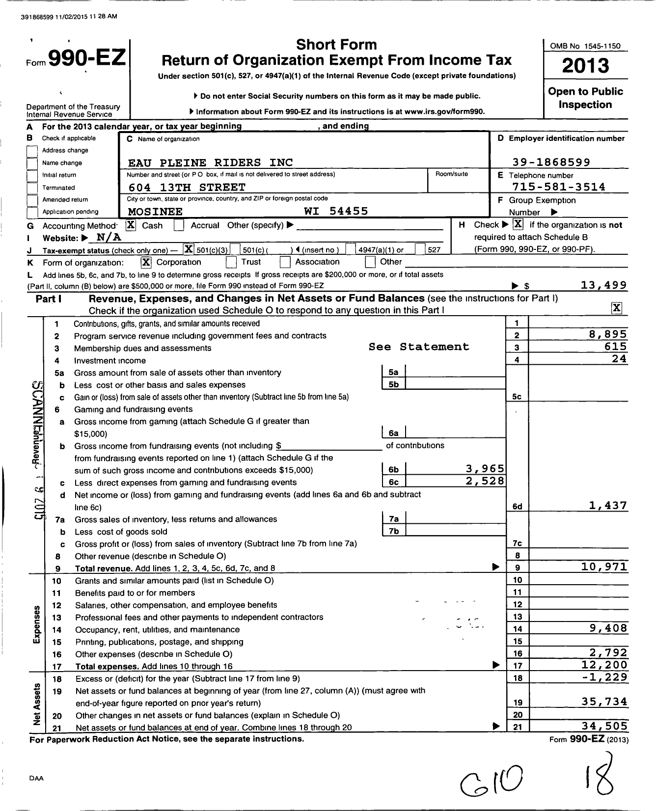 Image of first page of 2013 Form 990EZ for Eau Pleine Riders