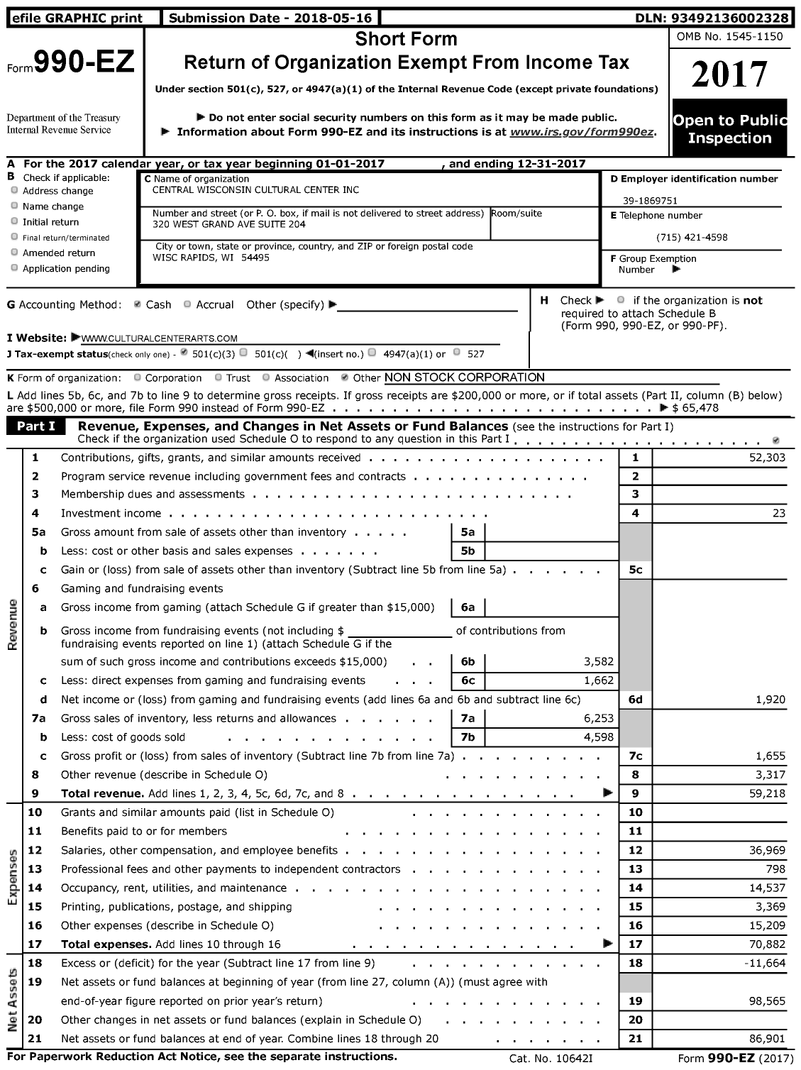 Image of first page of 2017 Form 990EZ for Central Wisconsin Cultural Center