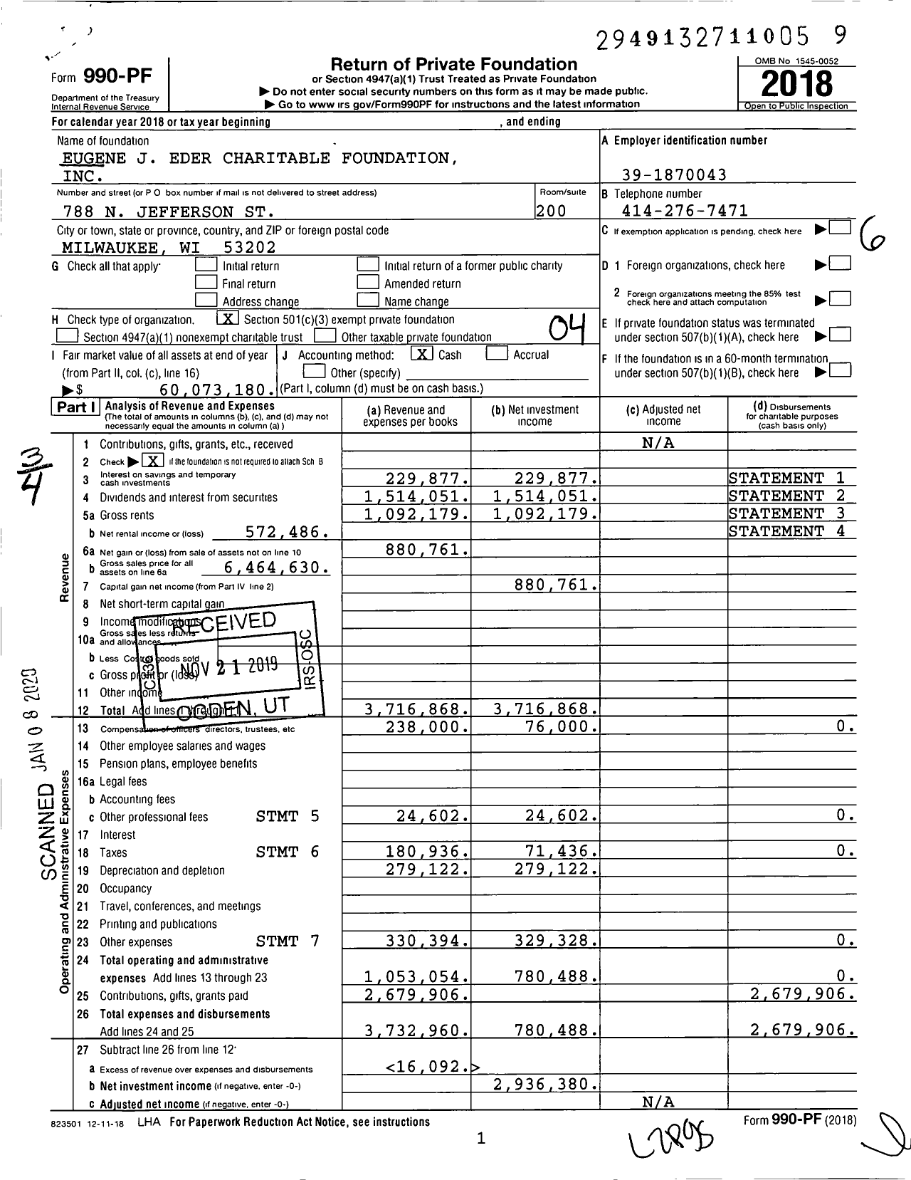 Image of first page of 2018 Form 990PF for Eugene J Eder Charitable Foundation