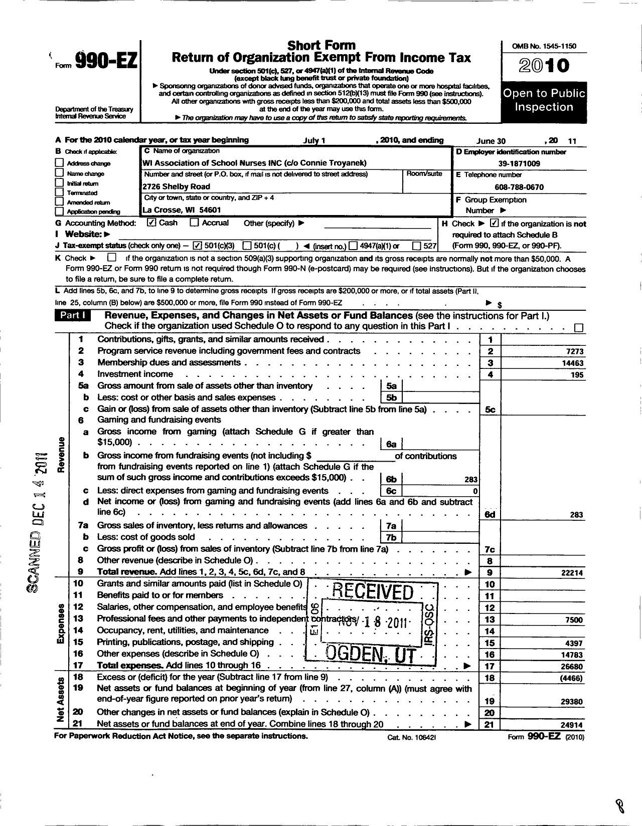 Image of first page of 2010 Form 990EZ for Wisconsin Association of School Nur