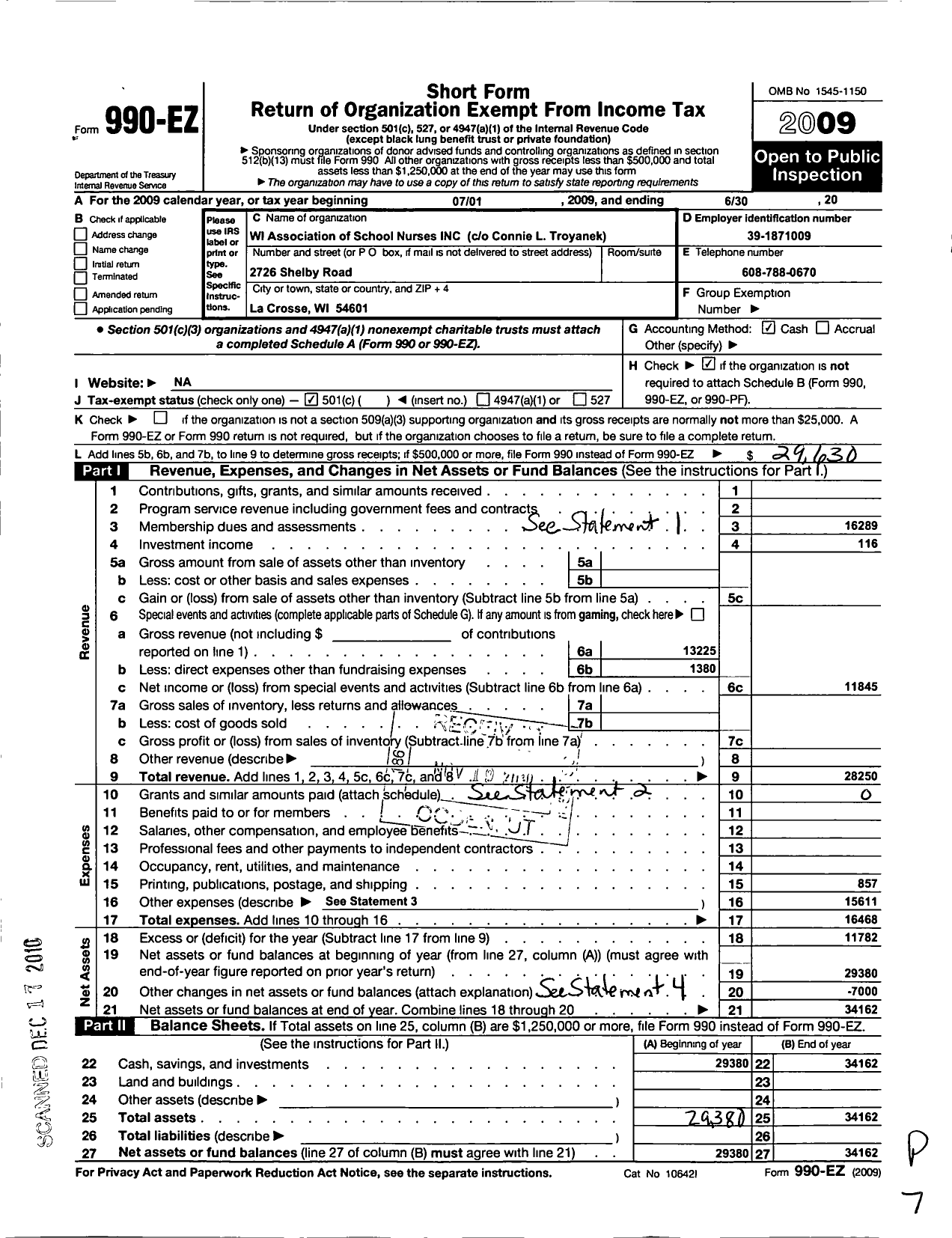 Image of first page of 2008 Form 990EO for Wisconsin Association of School Nur