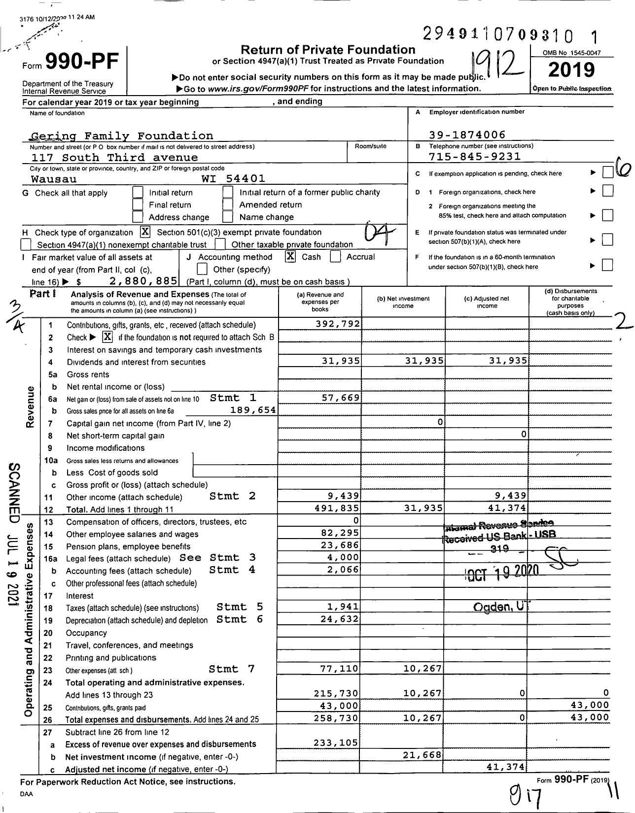 Image of first page of 2019 Form 990PF for Gering Family Foundation