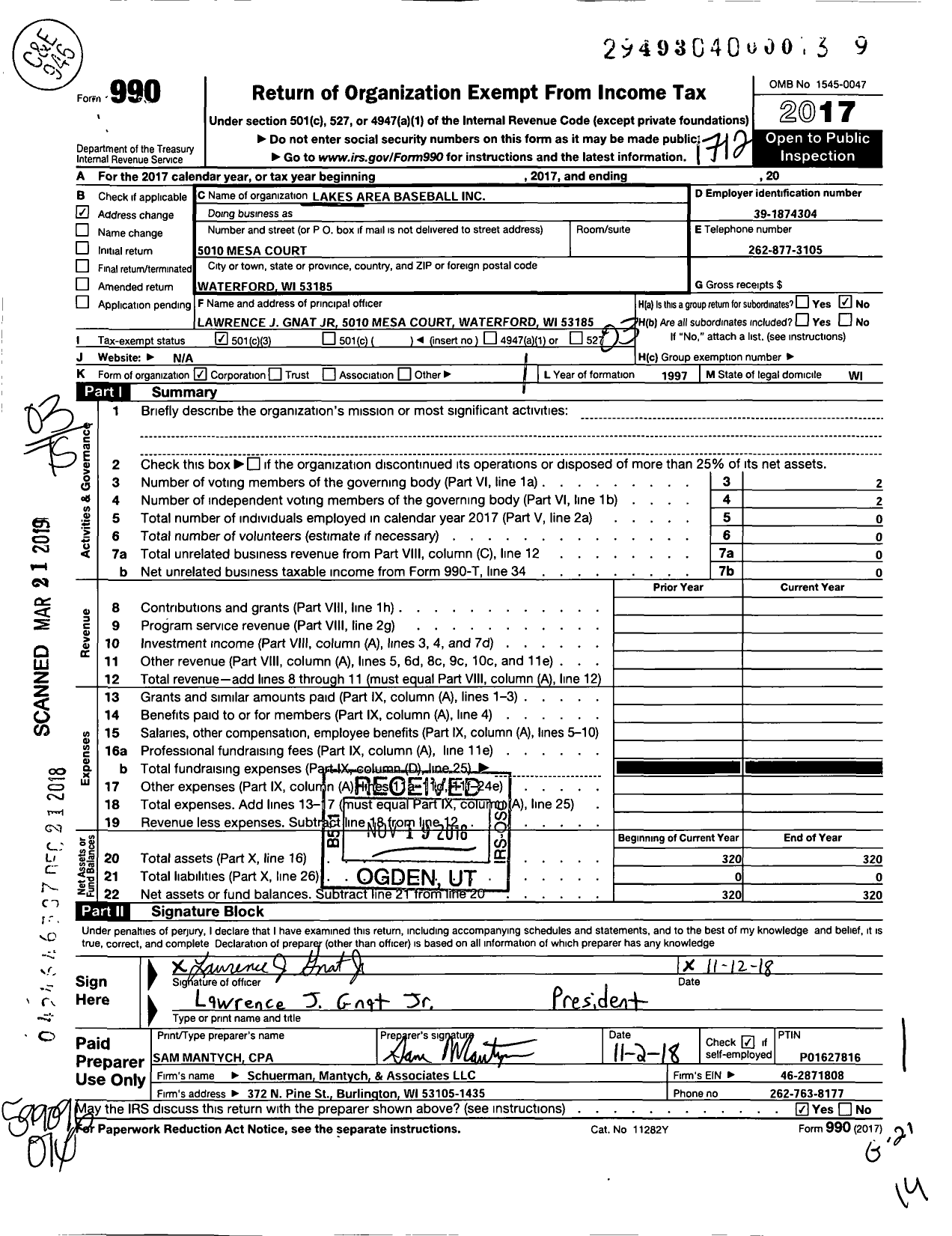 Image of first page of 2017 Form 990 for Lakes Area Baseball