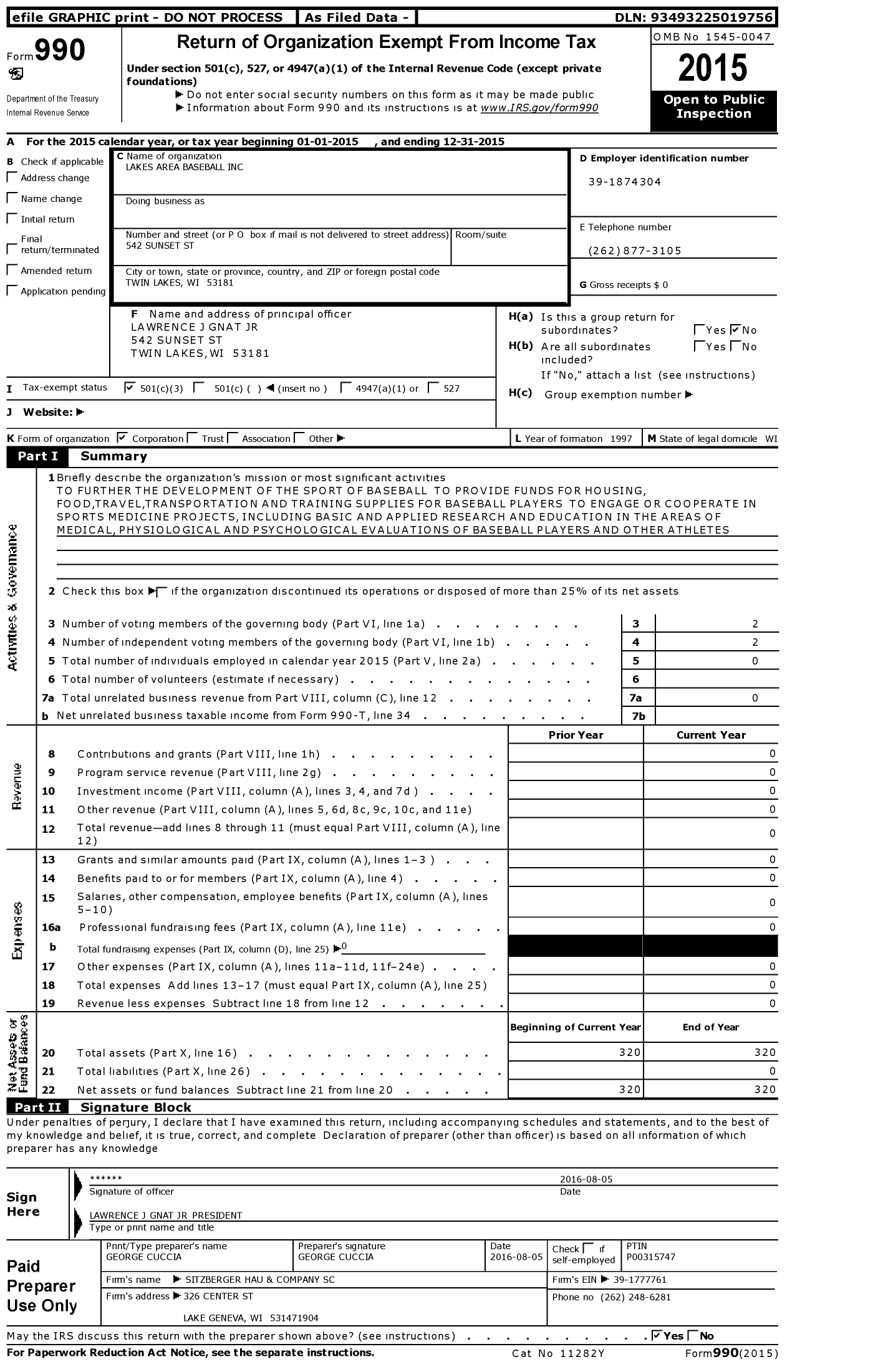 Image of first page of 2015 Form 990 for Lakes Area Baseball