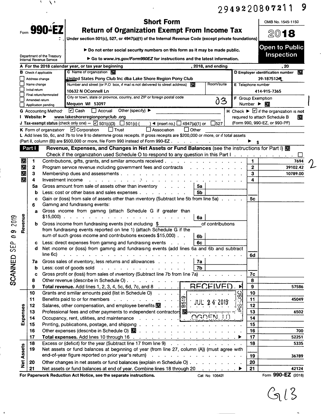 Image of first page of 2018 Form 990EZ for United States Pony Clubs / Lake Shore Region