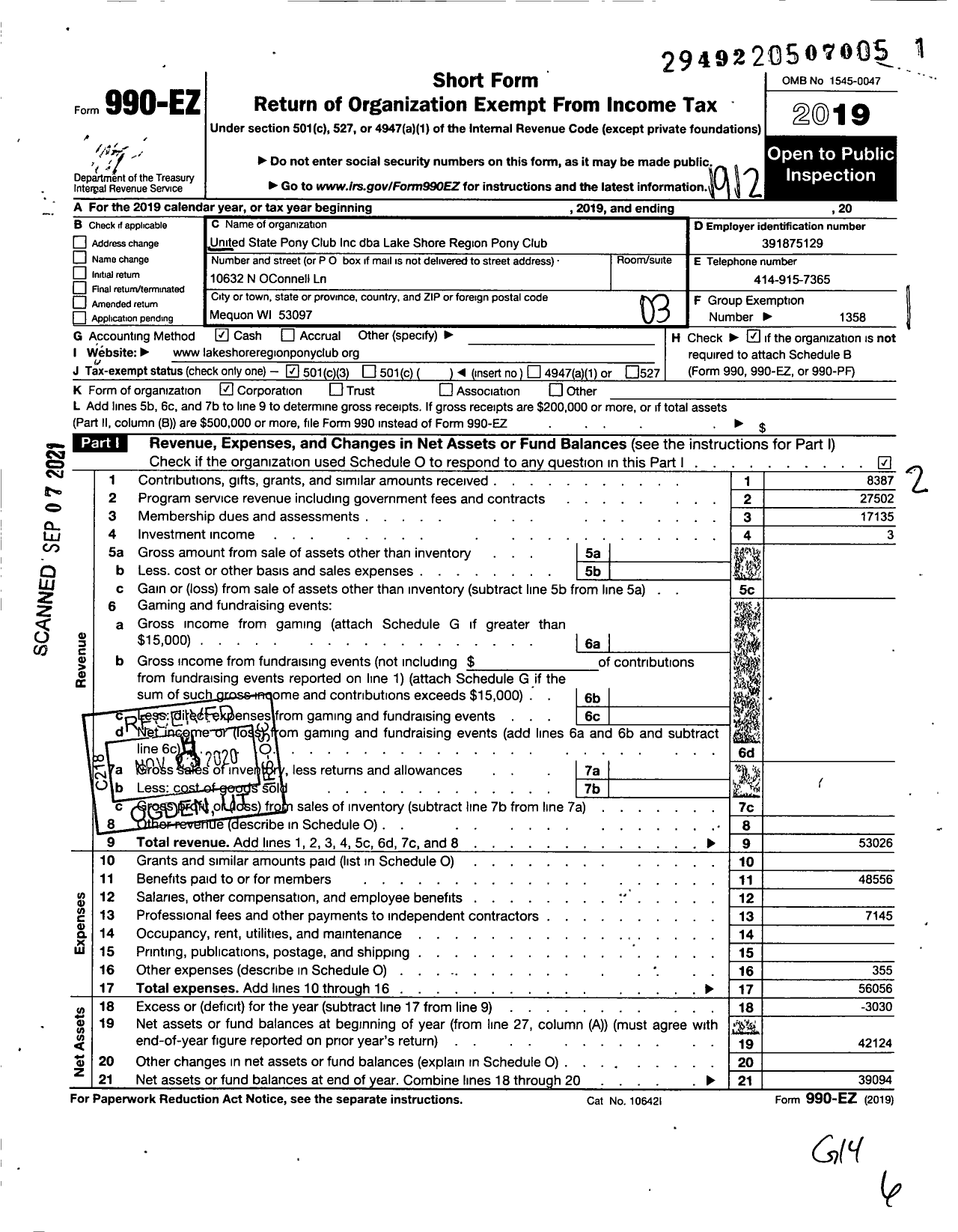 Image of first page of 2019 Form 990EZ for United States Pony Clubs / Lake Shore Region