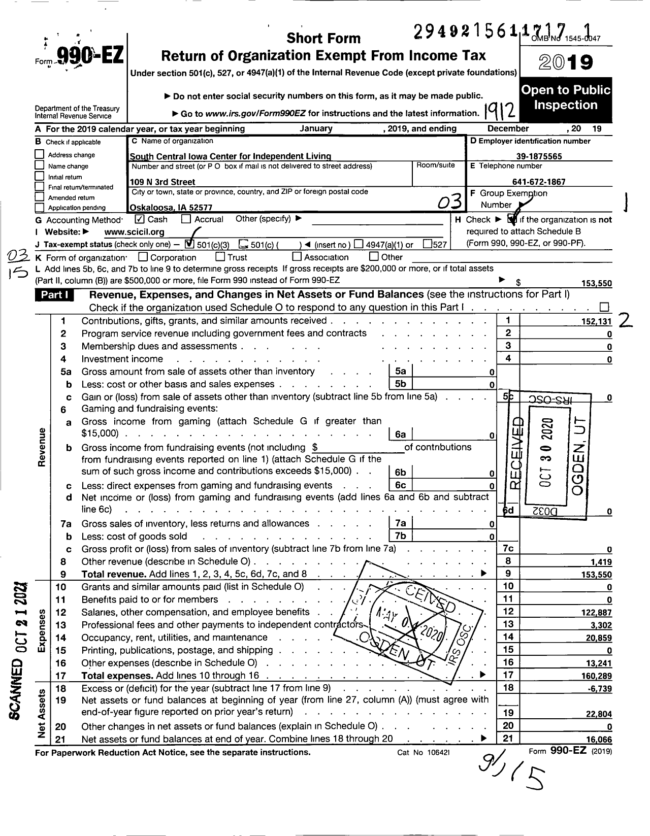 Image of first page of 2019 Form 990EZ for South Central Iowa Center for Independent Living