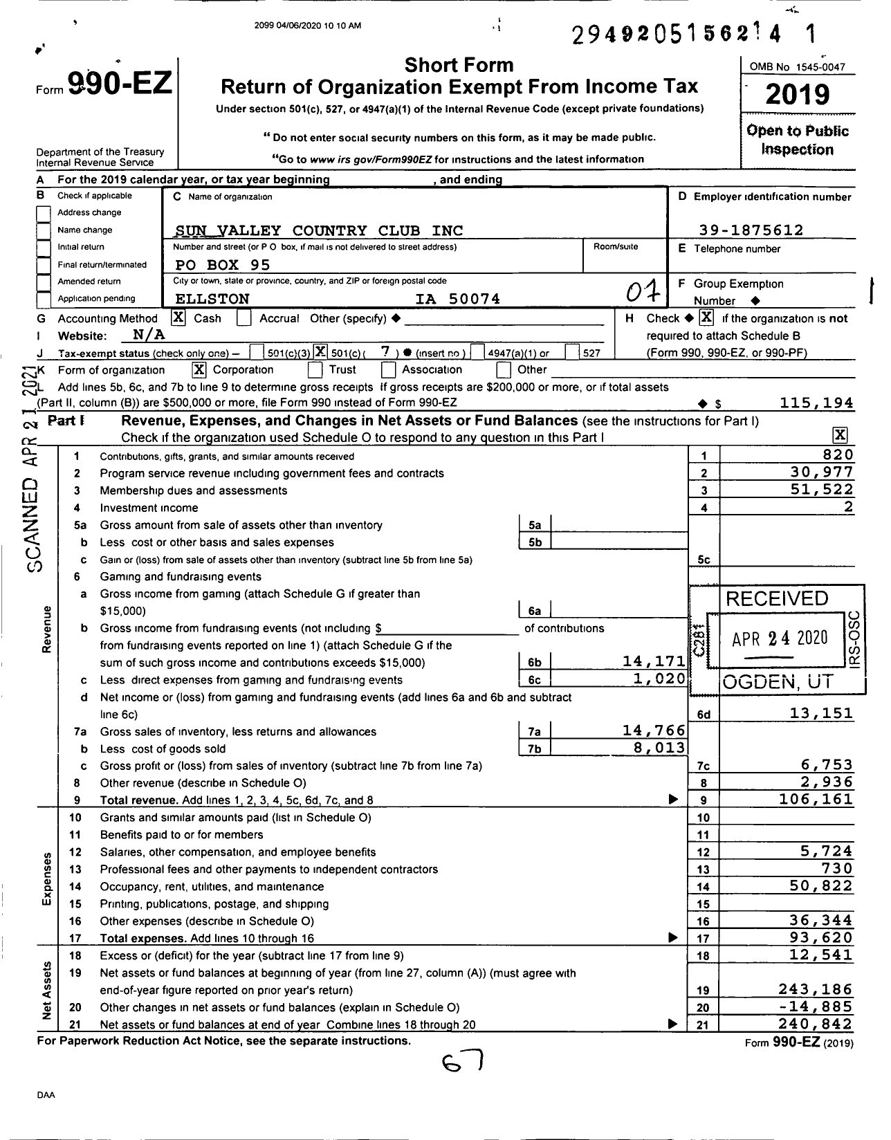 Image of first page of 2019 Form 990EO for Sun Valley Country Club