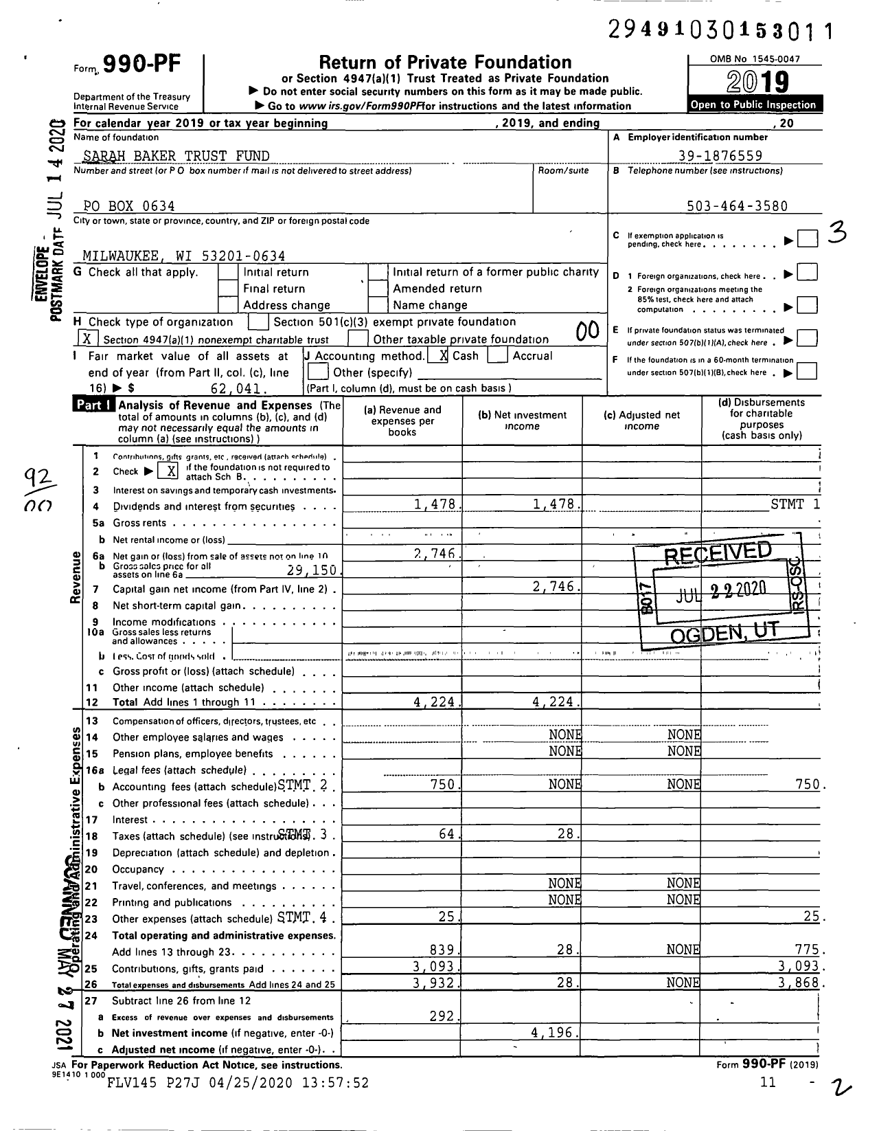 Image of first page of 2019 Form 990PF for Sarah Baker Trust Fund