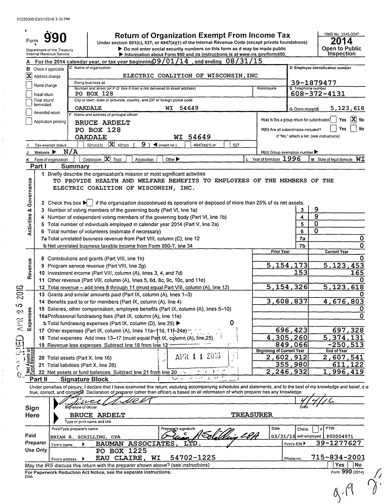 Image of first page of 2014 Form 990O for Ecw Health Benefit Trust and Plan