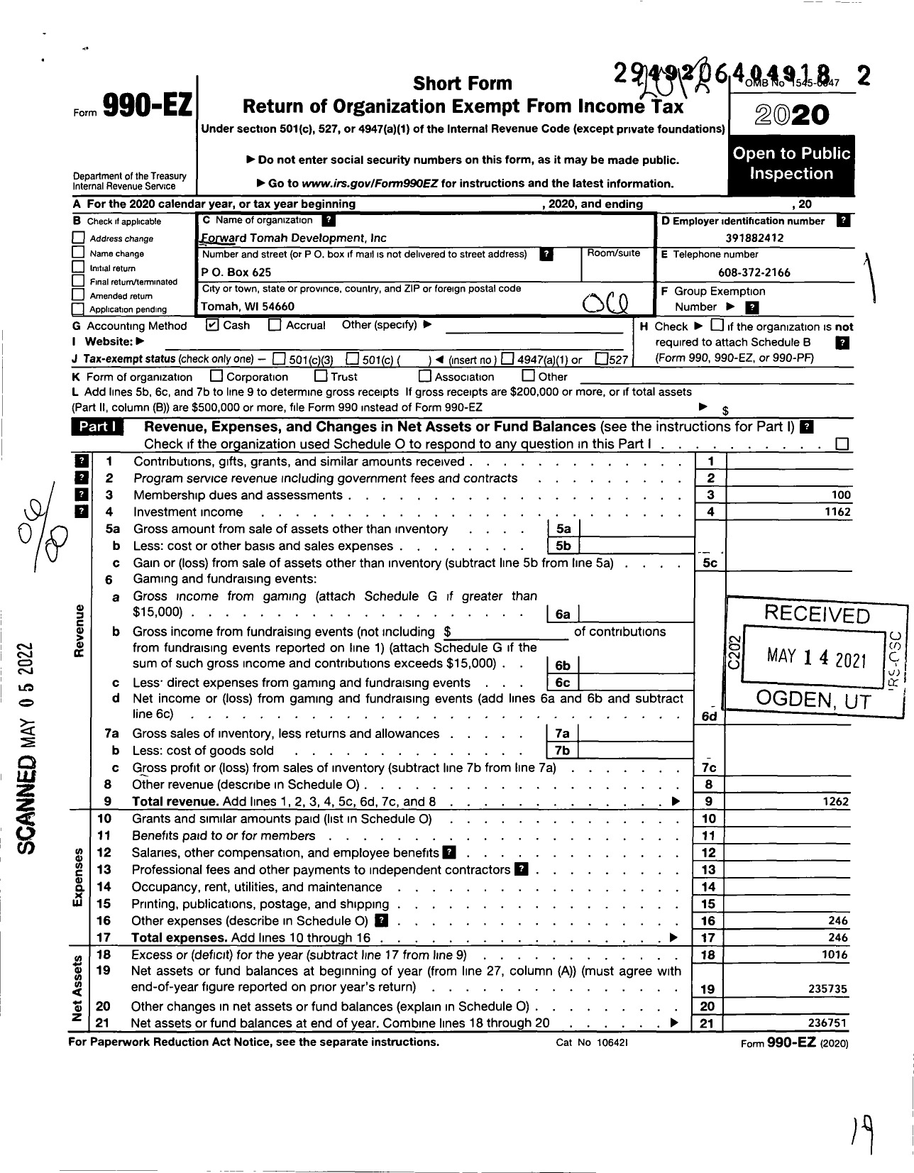 Image of first page of 2020 Form 990EO for Forward Tomah Development