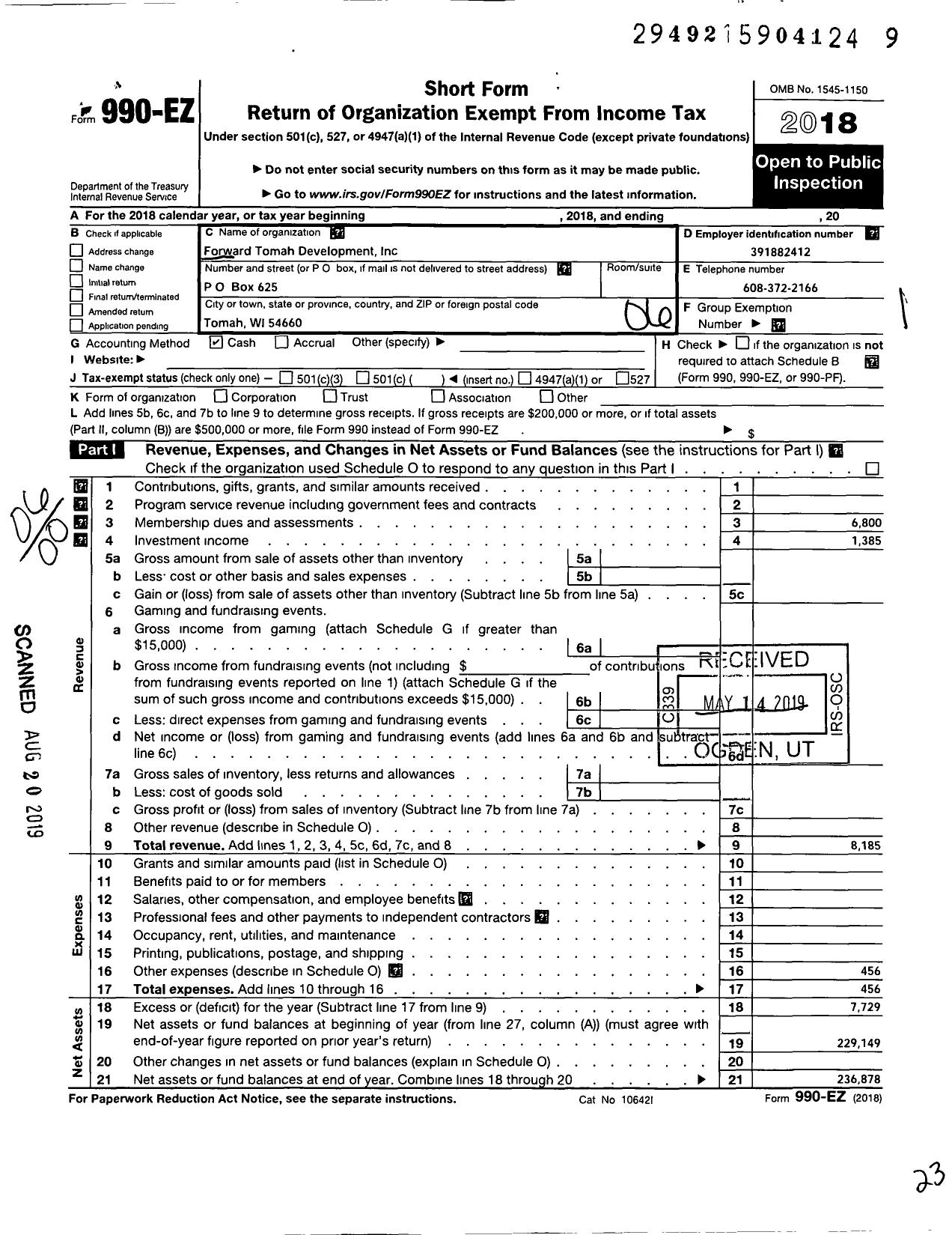 Image of first page of 2018 Form 990EO for Forward Tomah Development