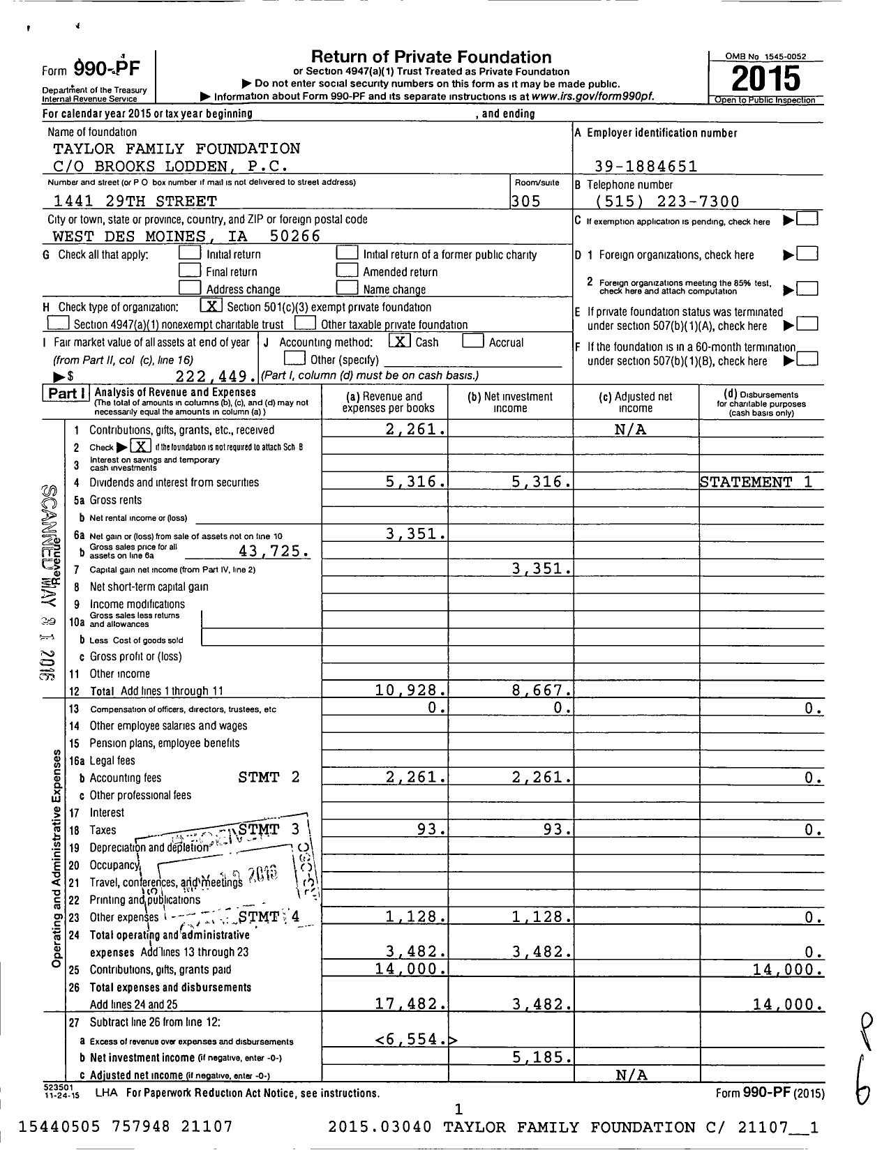 Image of first page of 2015 Form 990PF for Taylor Family Foundation