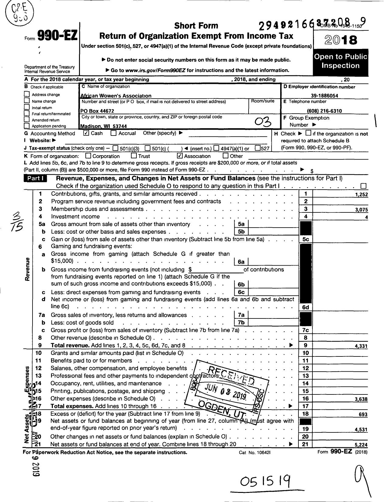 Image of first page of 2018 Form 990EZ for African Women's Association of Madison