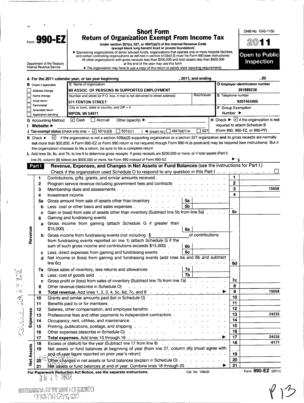 Image of first page of 2011 Form 990EZ for Association for Persons in Supported Employment / Wisconsin Chapter