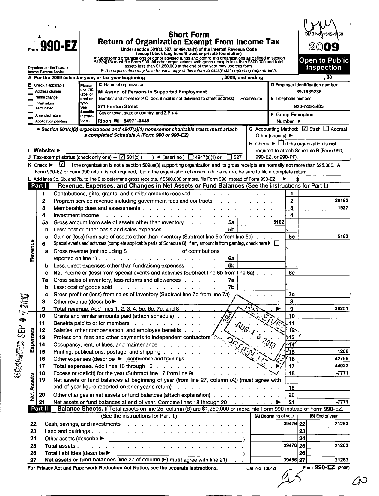 Image of first page of 2009 Form 990EO for Association for Persons in Supported Employment / Wisconsin Chapter