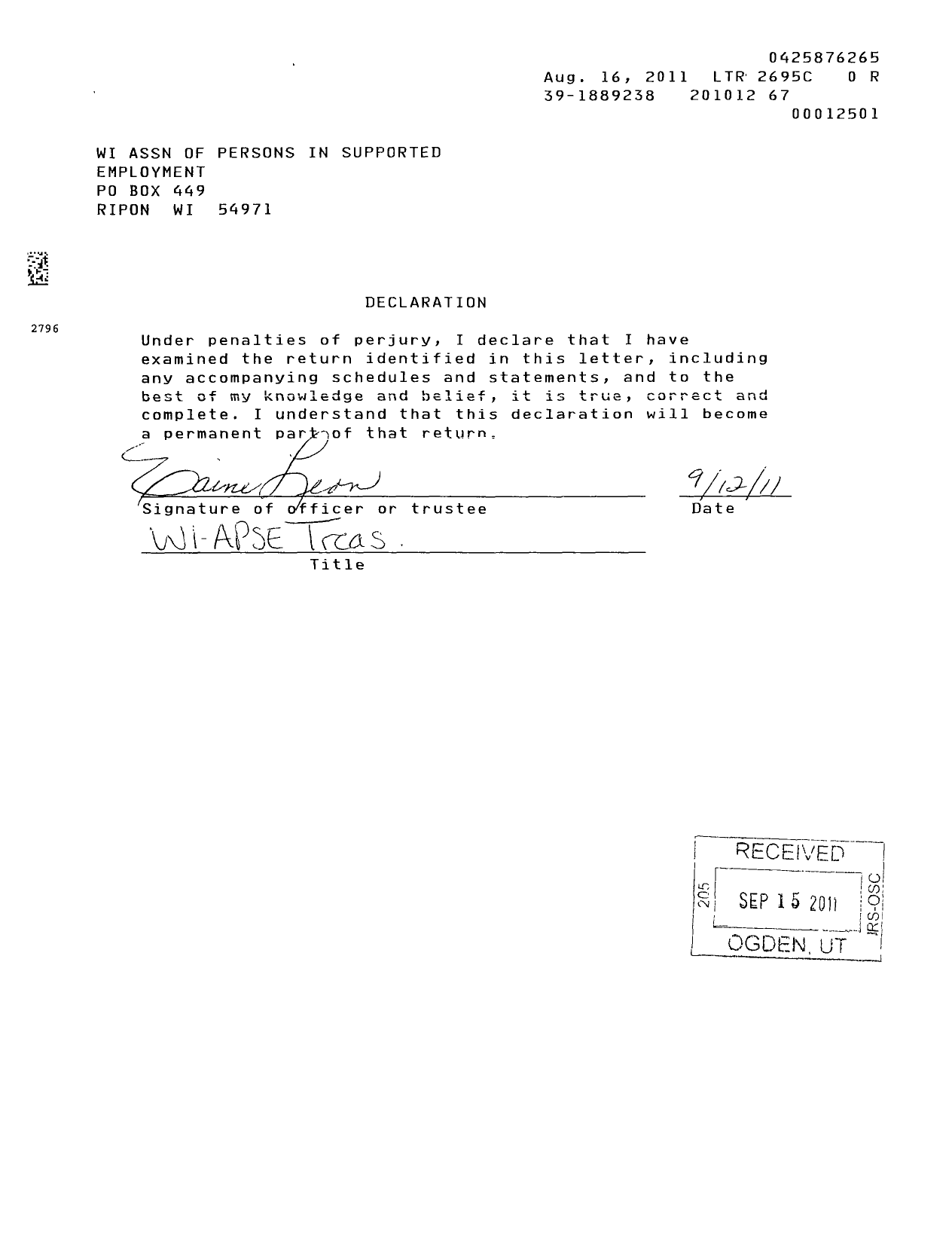 Image of first page of 2010 Form 990EOR for Association for Persons in Supported Employment / Wisconsin Chapter