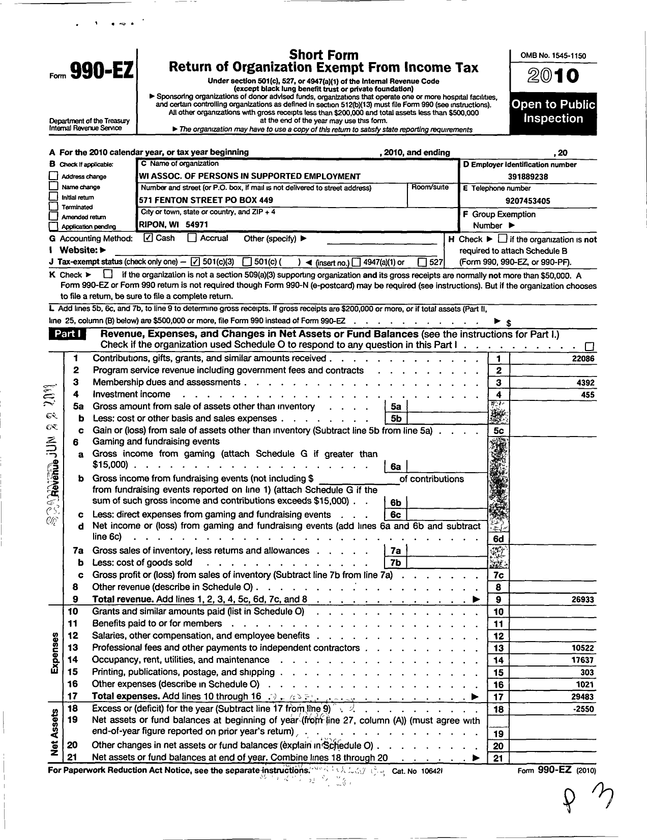 Image of first page of 2010 Form 990EZ for Association for Persons in Supported Employment / Wisconsin Chapter