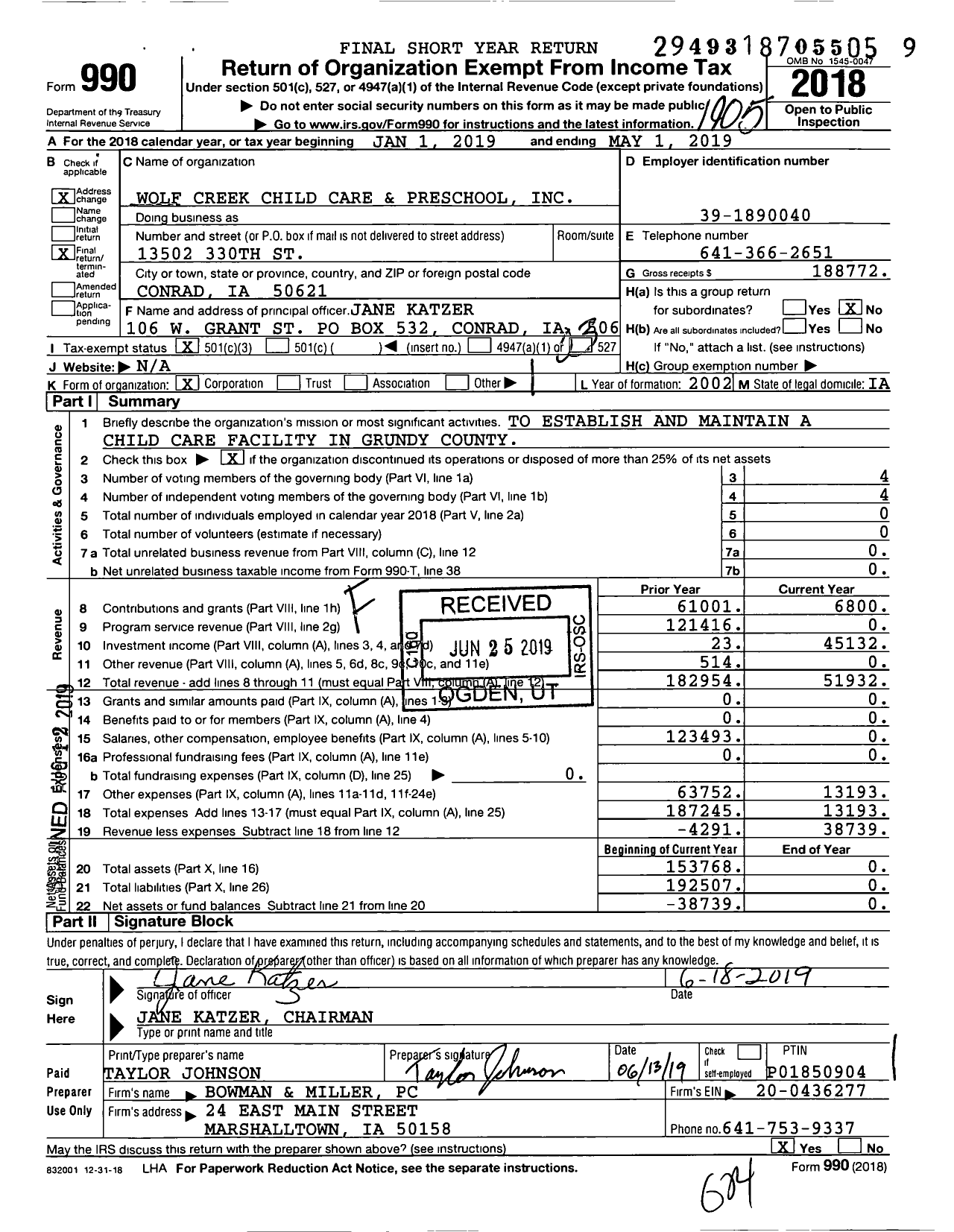 Image of first page of 2018 Form 990 for Wolf Creek Child Care and Preschool