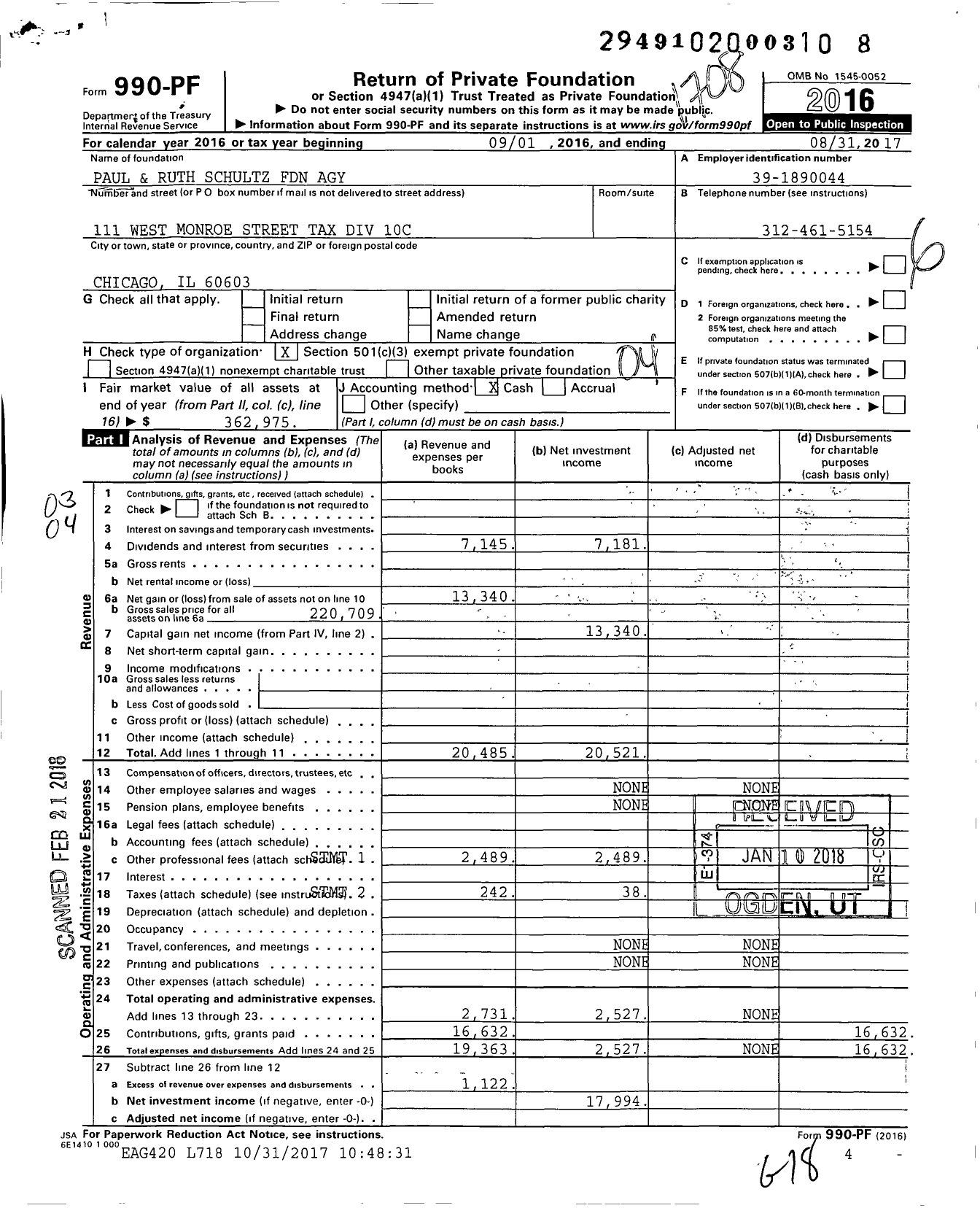 Image of first page of 2016 Form 990PF for Paul and Ruth Schultz Foundation Agy