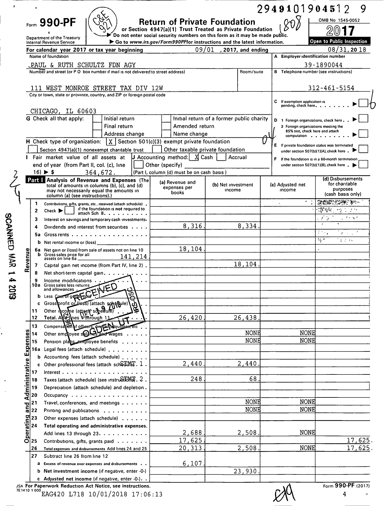 Image of first page of 2017 Form 990PF for Paul and Ruth Schultz Foundation Agy