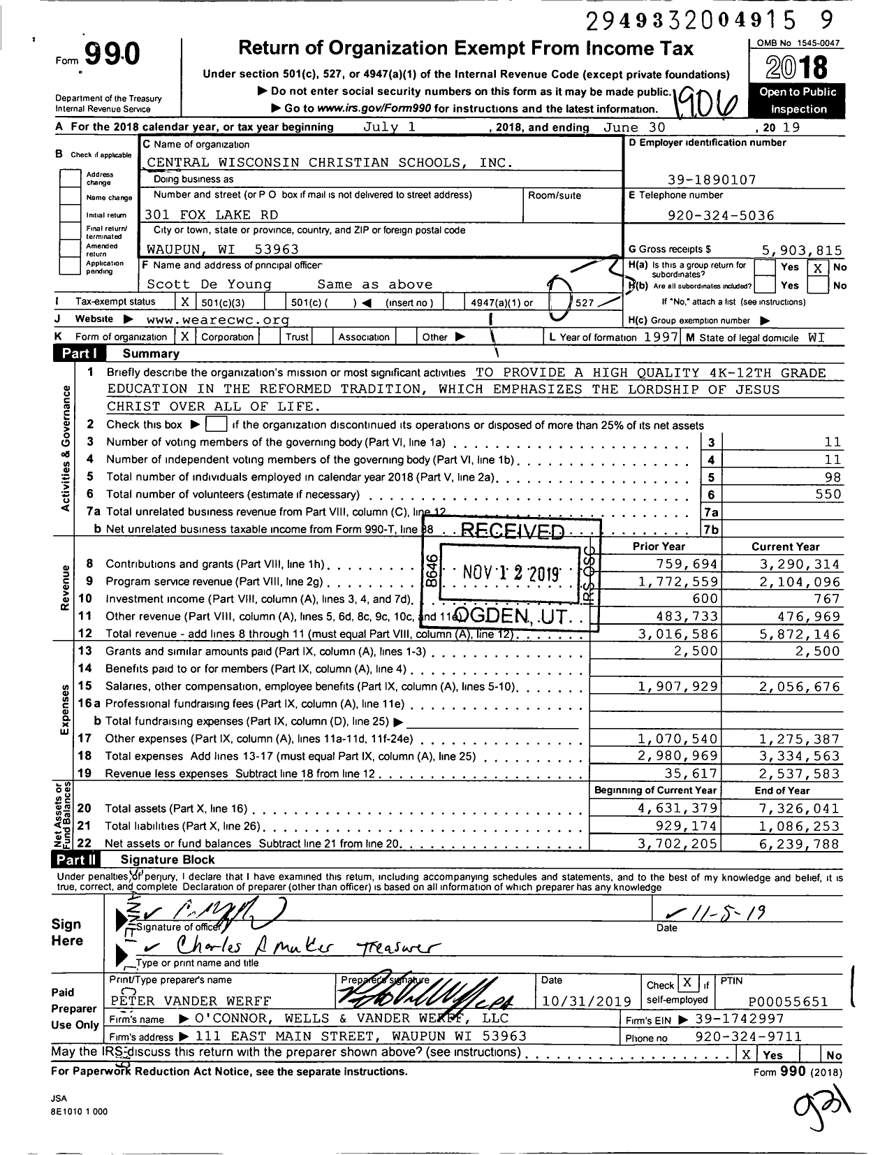Image of first page of 2018 Form 990 for Central Wisconsin Christian Schools