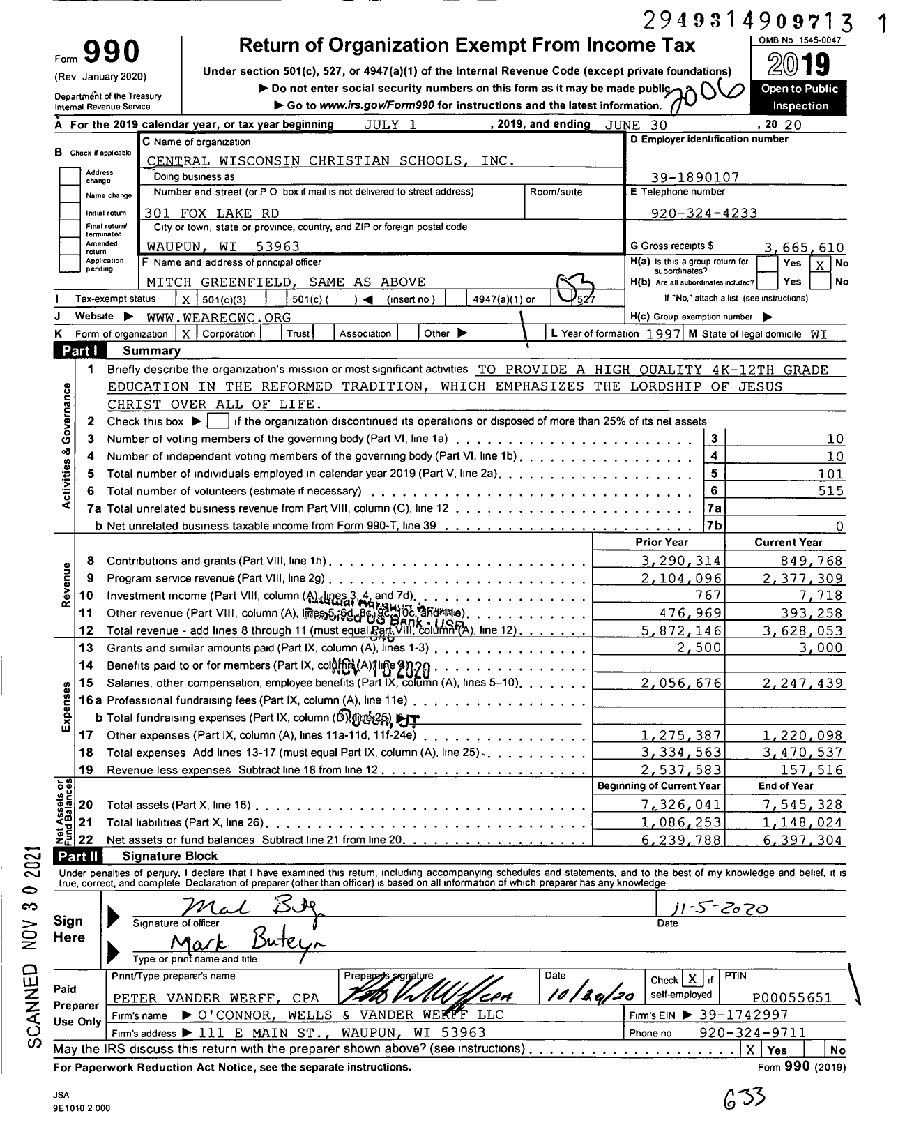 Image of first page of 2019 Form 990 for Central Wisconsin Christian Schools