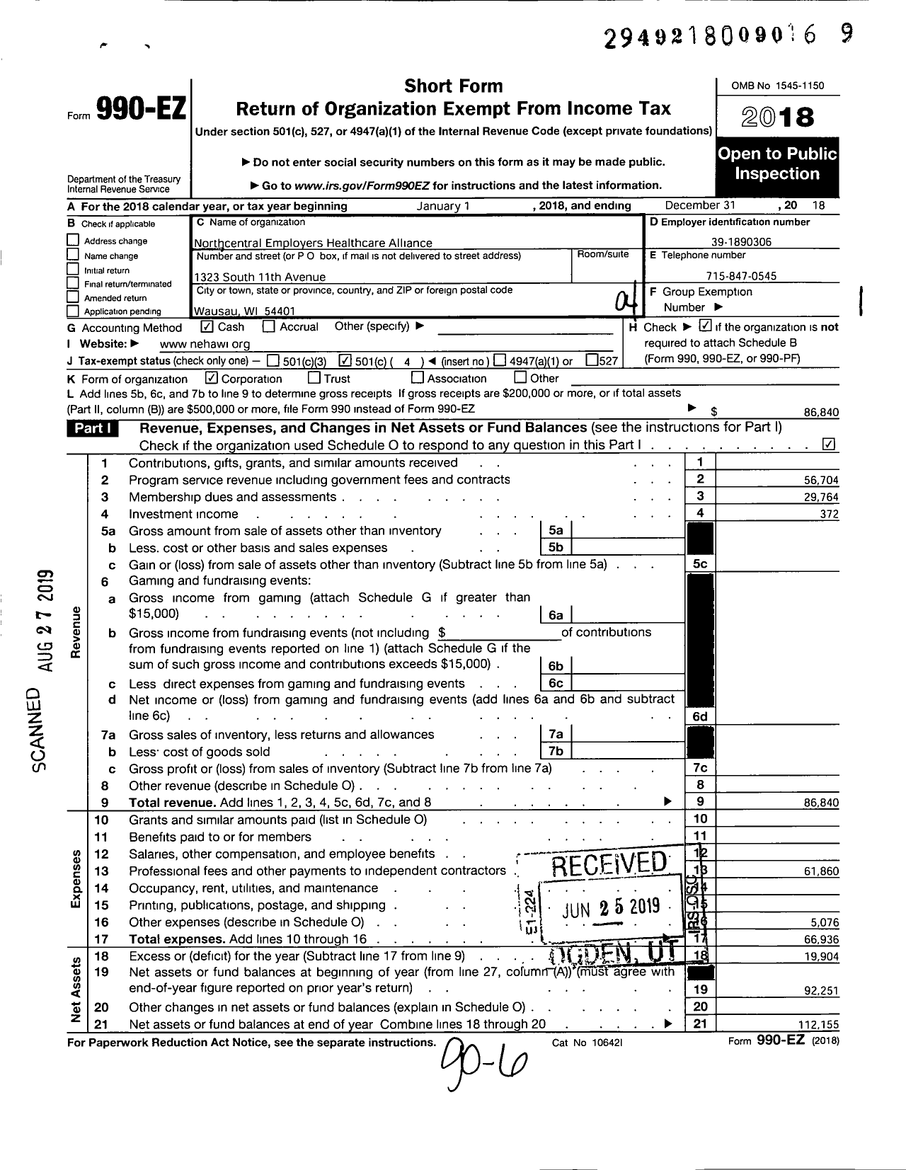 Image of first page of 2018 Form 990EO for Northcentral Employers Healthcare Alliance