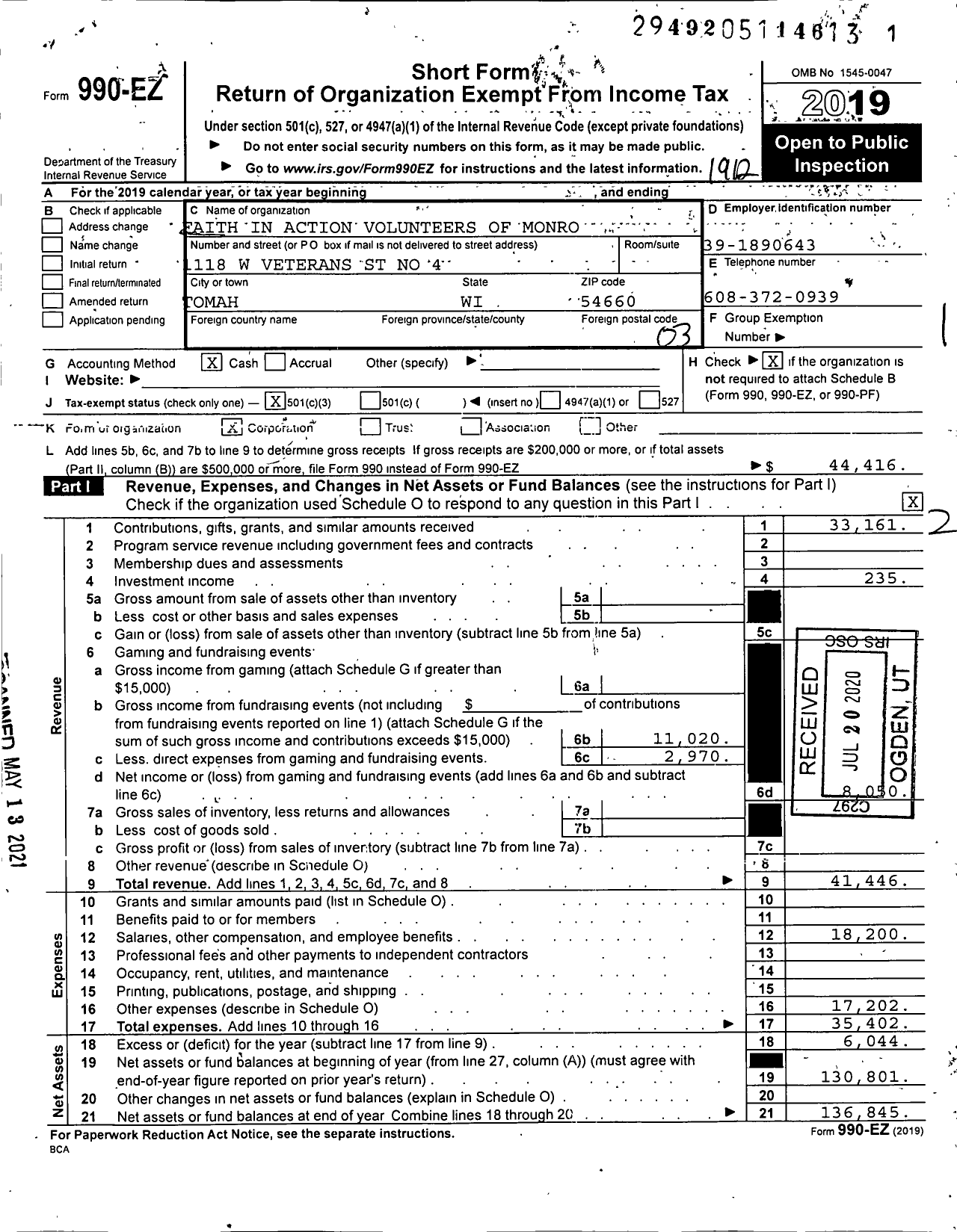 Image of first page of 2019 Form 990EZ for Faith In Action Volunteers Of Monro