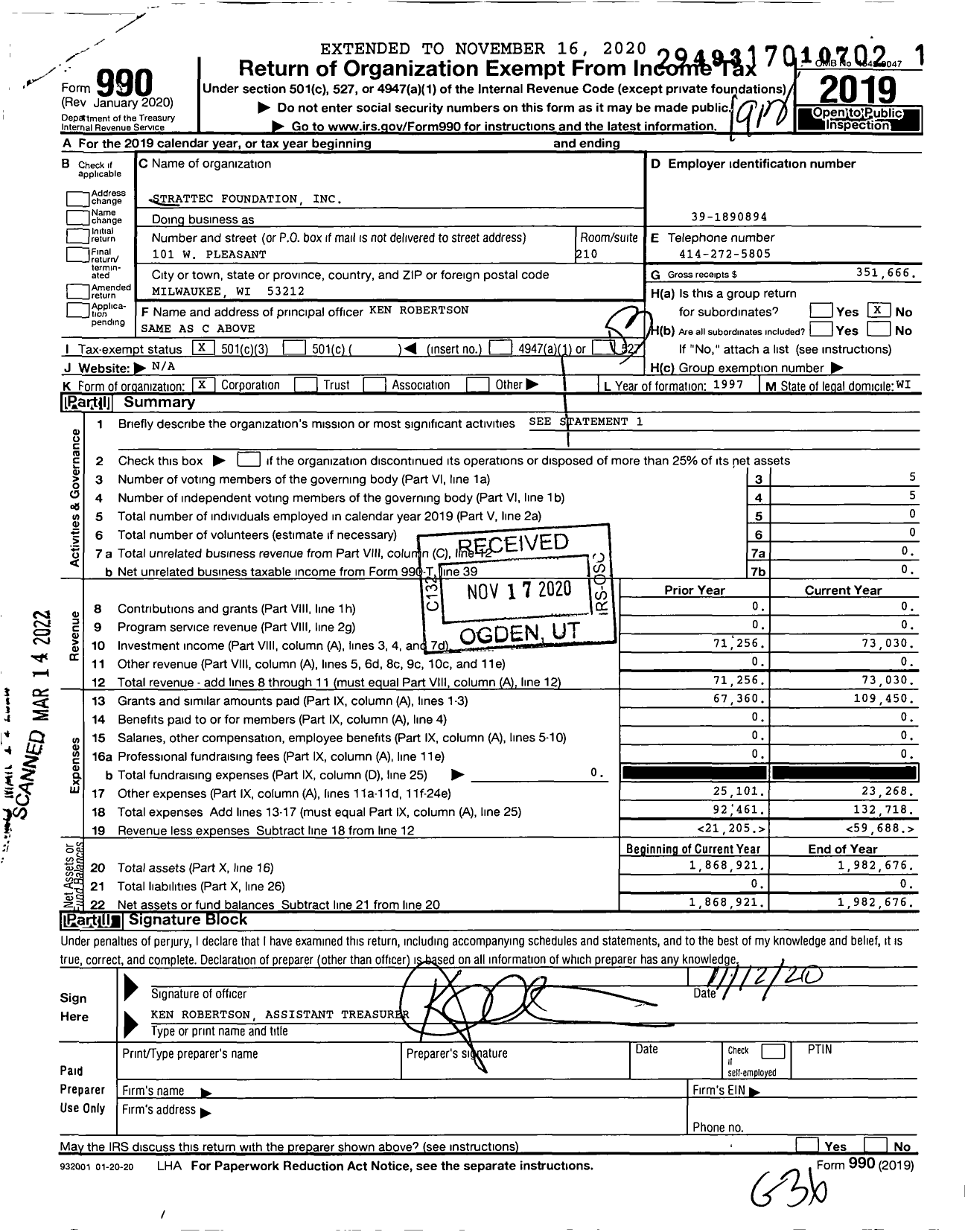 Image of first page of 2019 Form 990 for Strattec Foundation