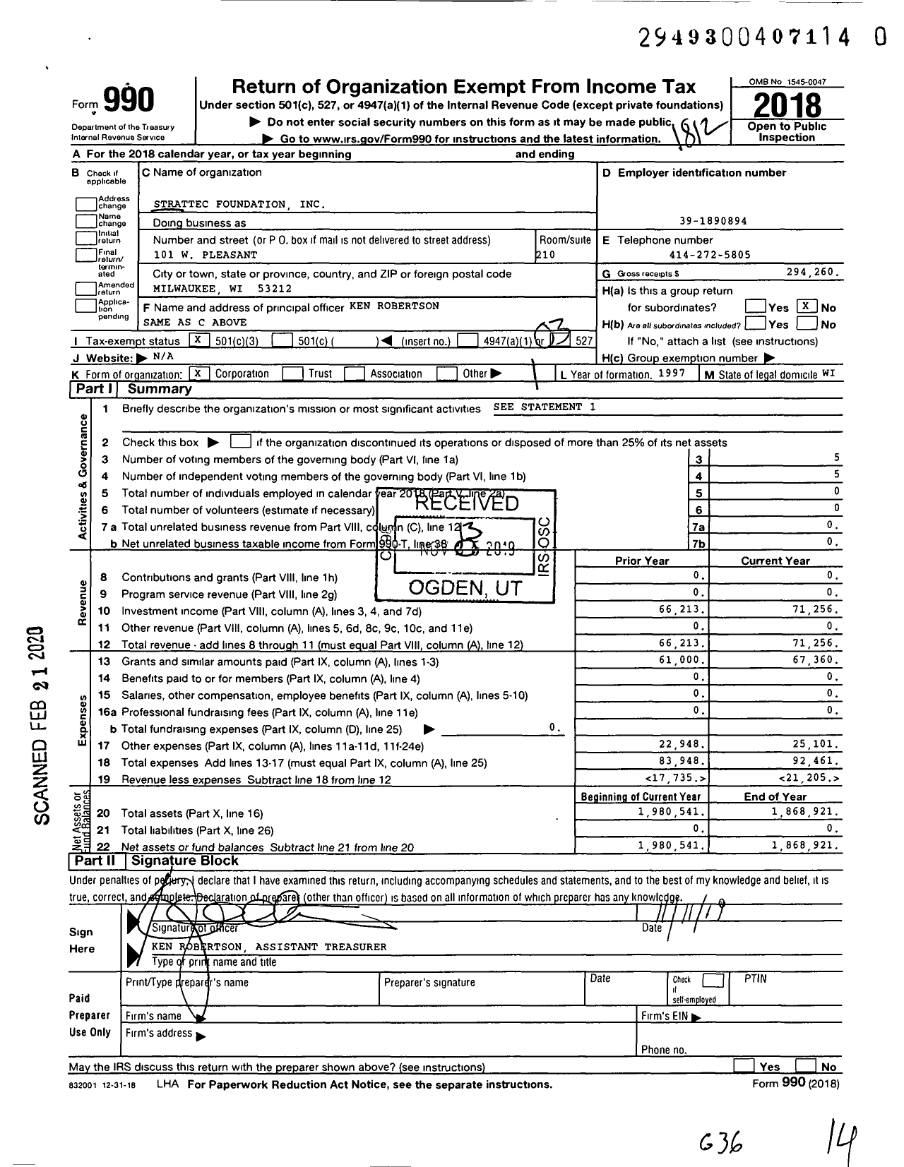 Image of first page of 2018 Form 990 for Strattec Foundation