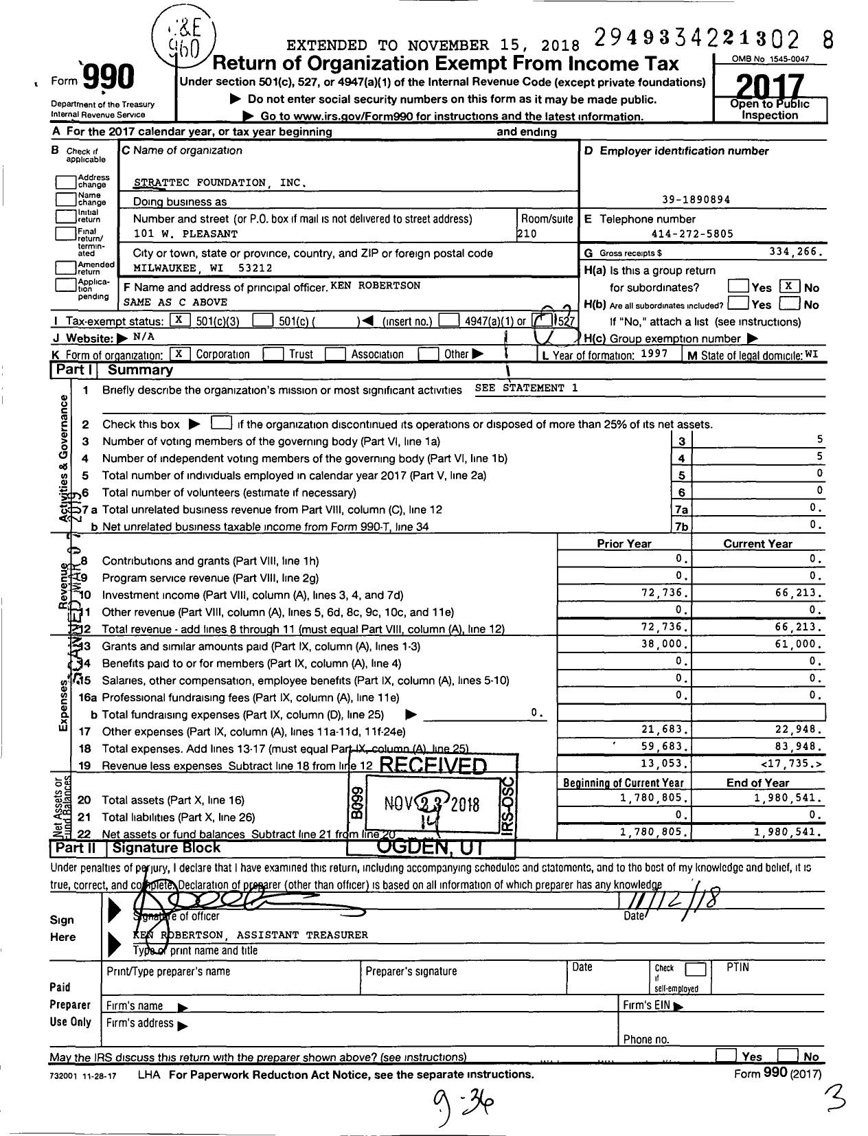 Image of first page of 2017 Form 990 for Strattec Foundation