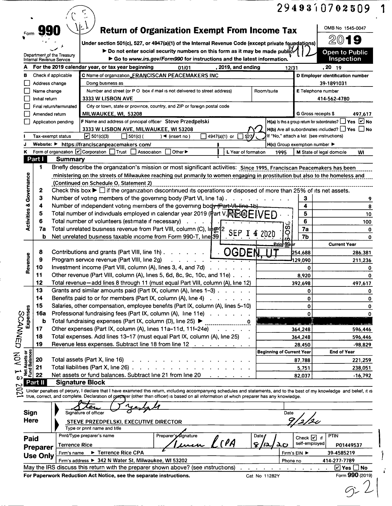 Image of first page of 2019 Form 990 for Franciscan Peacemakers