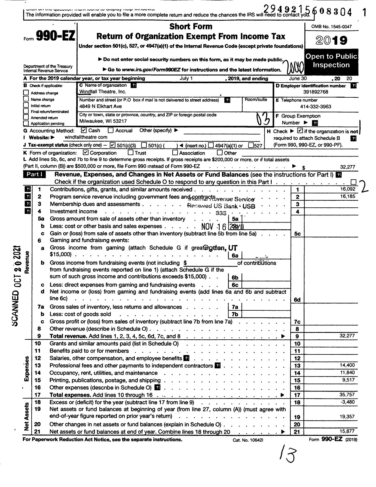 Image of first page of 2019 Form 990EZ for Windfall Theatre