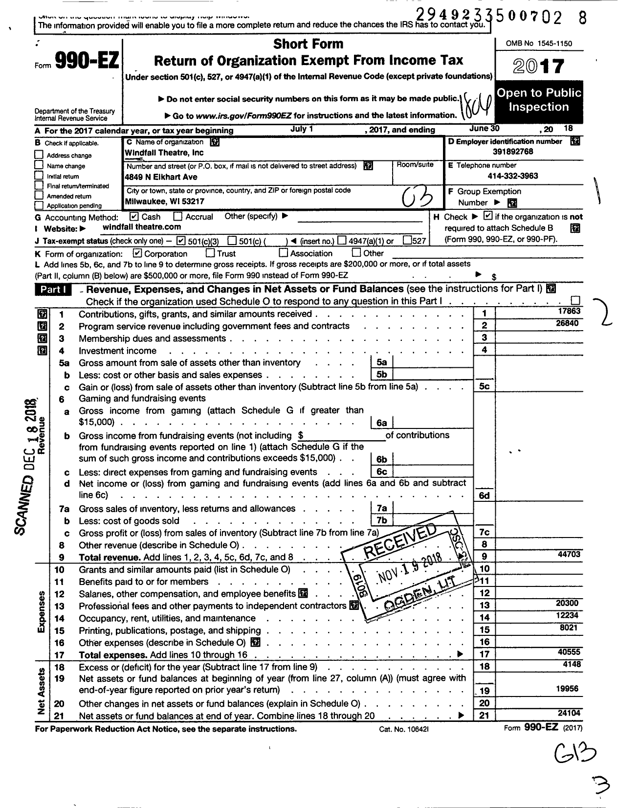 Image of first page of 2017 Form 990EZ for Windfall Theatre