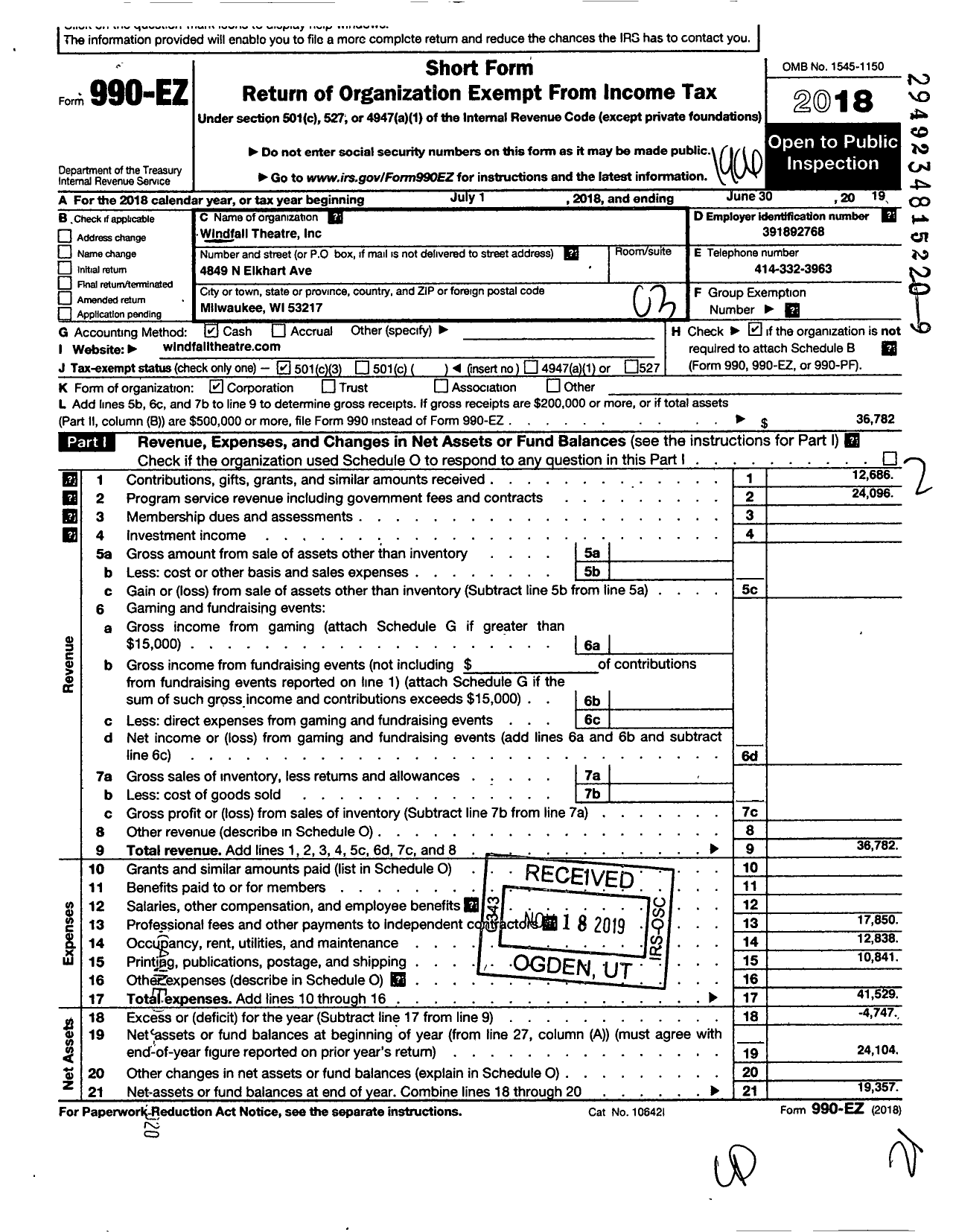 Image of first page of 2018 Form 990EZ for Windfall Theatre