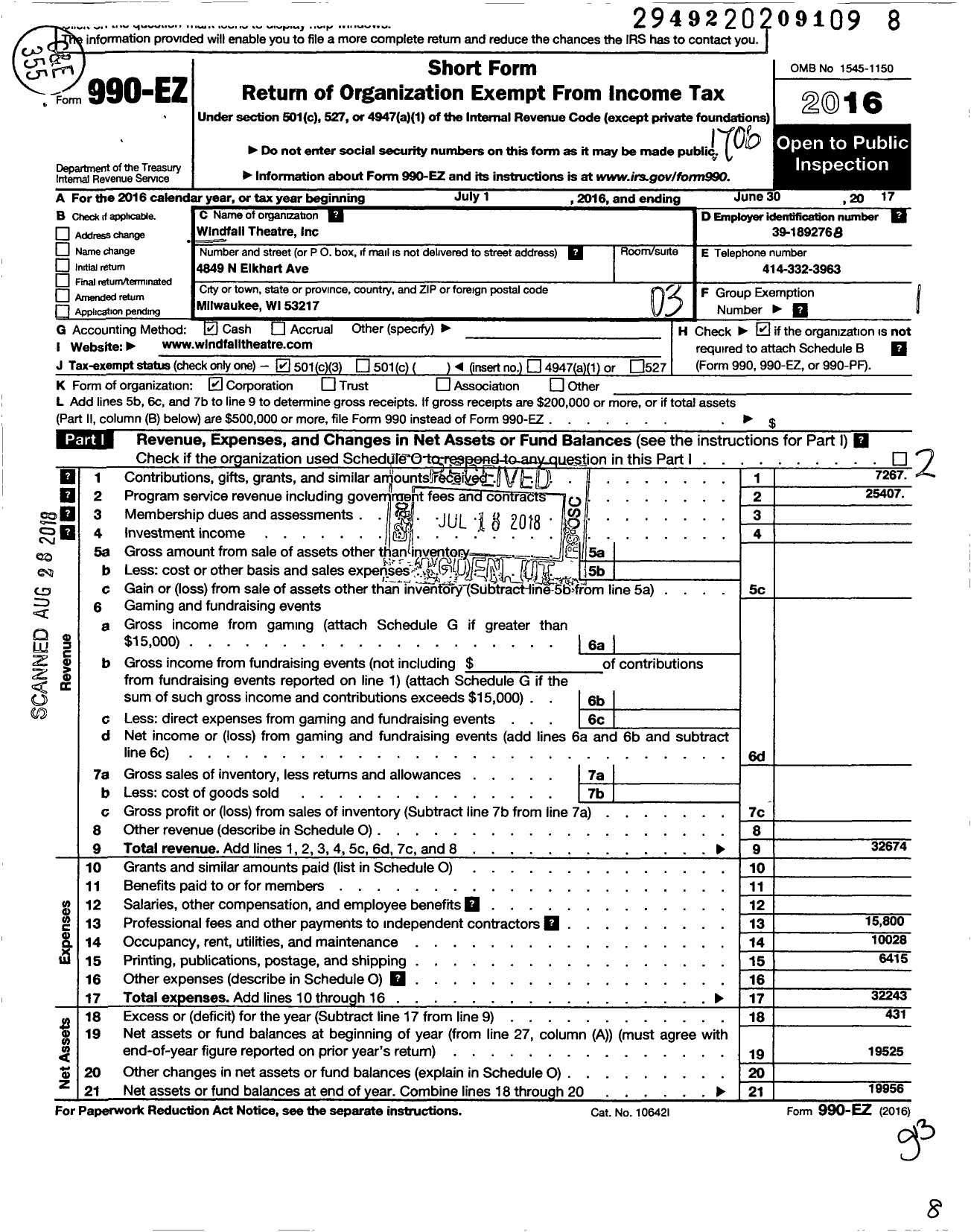 Image of first page of 2016 Form 990EZ for Windfall Theatre