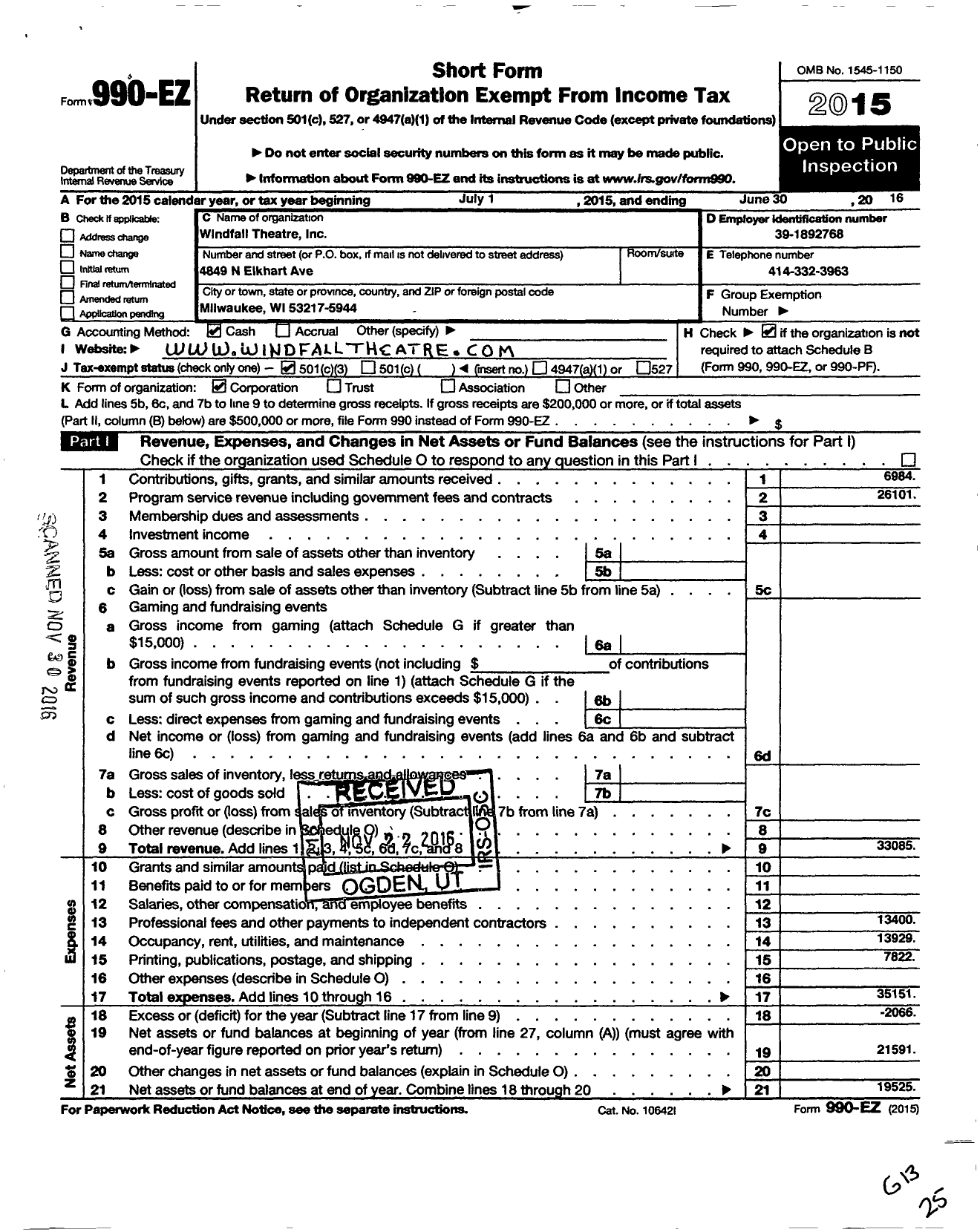 Image of first page of 2015 Form 990EZ for Windfall Theatre