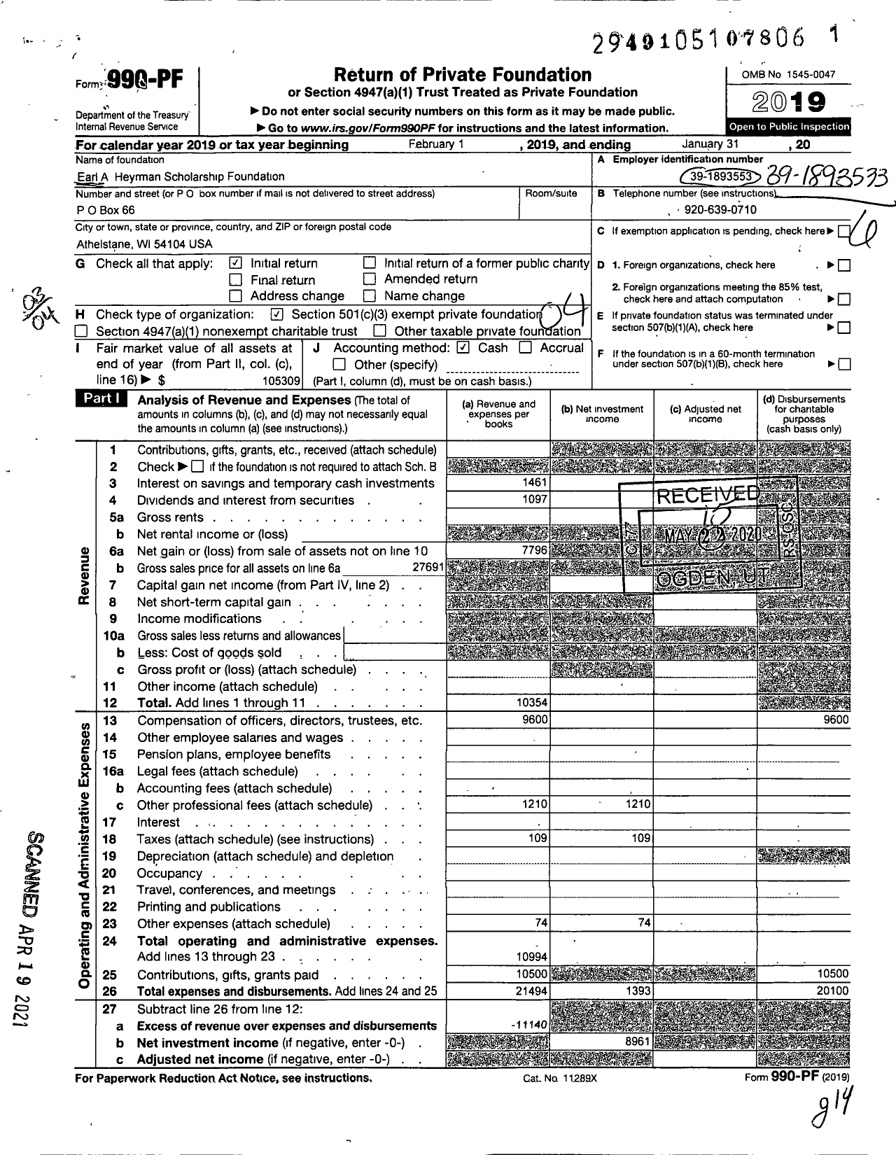 Image of first page of 2019 Form 990PF for Earl A Heyrman Scholarship Foundation