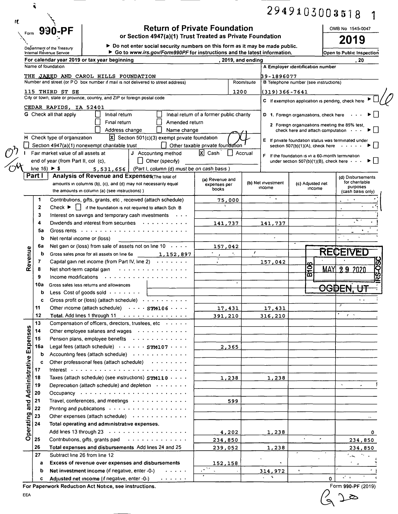 Image of first page of 2019 Form 990PF for The Jared and Carol Hills Foundation