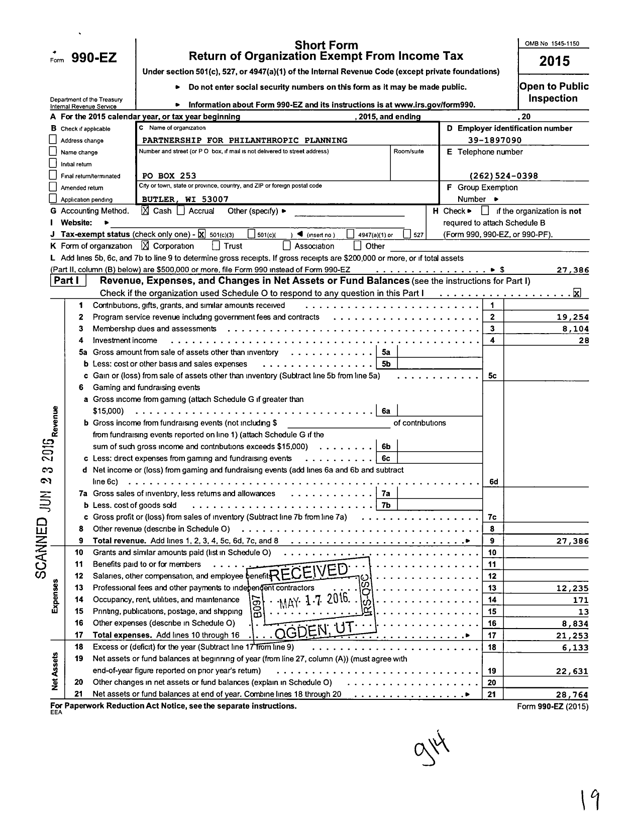 Image of first page of 2015 Form 990EZ for National Association of Charitable Gift Planners / PPP of Eastern Wisconsin