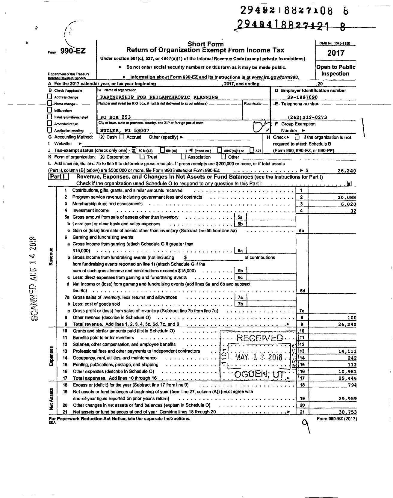 Image of first page of 2017 Form 990EZ for National Association of Charitable Gift Planners / PPP of Eastern Wisconsin