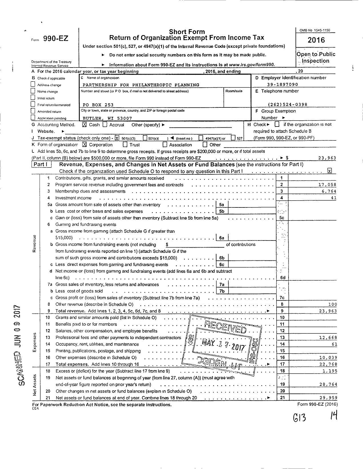 Image of first page of 2016 Form 990EZ for National Association of Charitable Gift Planners / PPP of Eastern Wisconsin