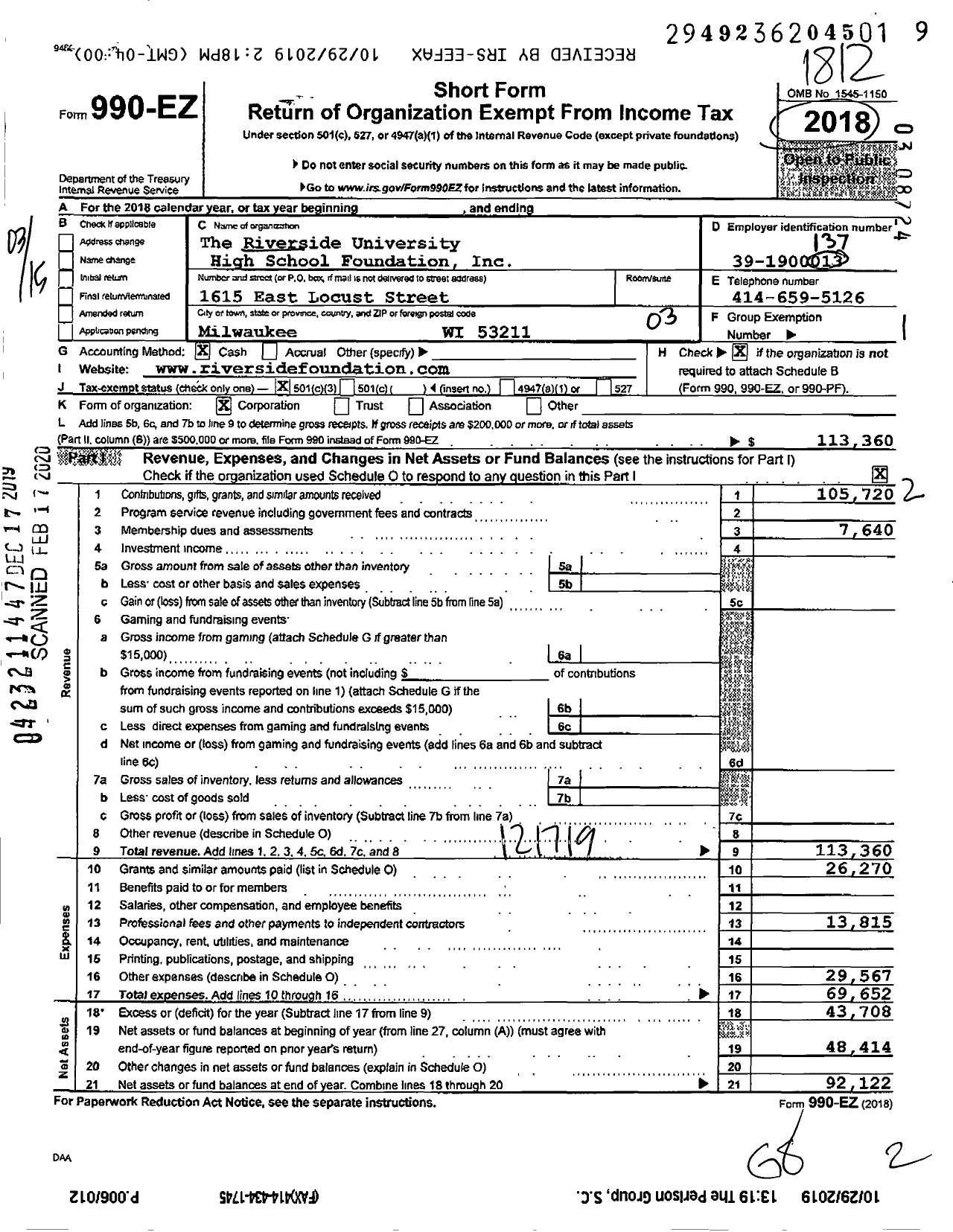 Image of first page of 2018 Form 990EZ for The Riverside University High School Foundation