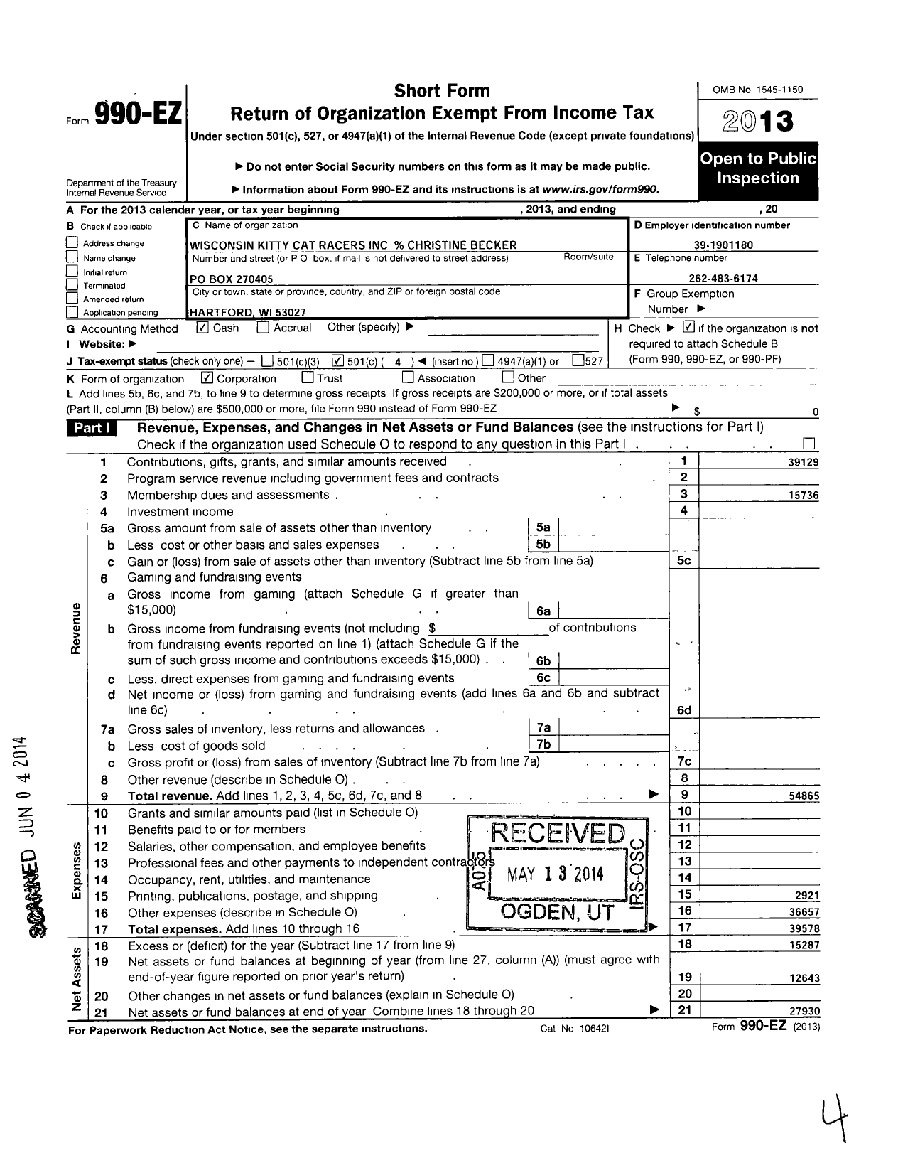 Image of first page of 2013 Form 990EO for Wisconsin Kitty Cat Racers