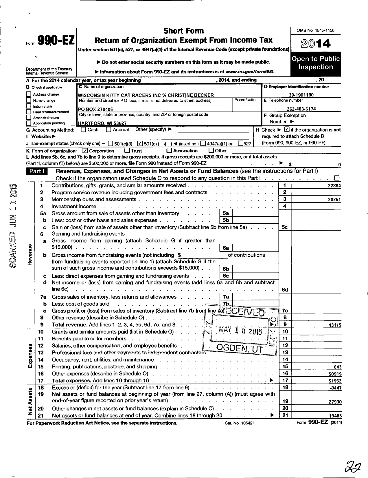 Image of first page of 2014 Form 990EO for Wisconsin Kitty Cat Racers