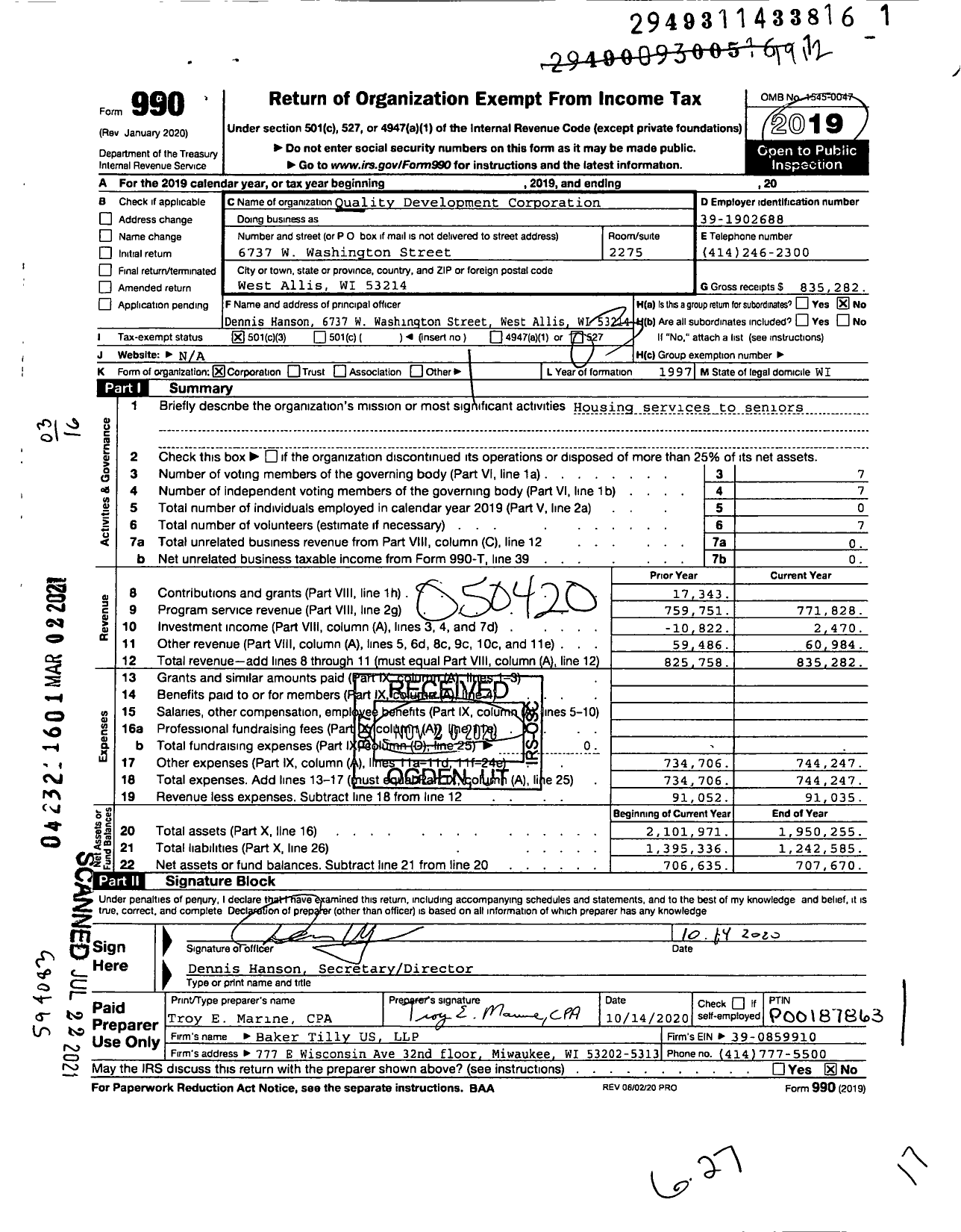 Image of first page of 2019 Form 990 for Quality Development Corporation