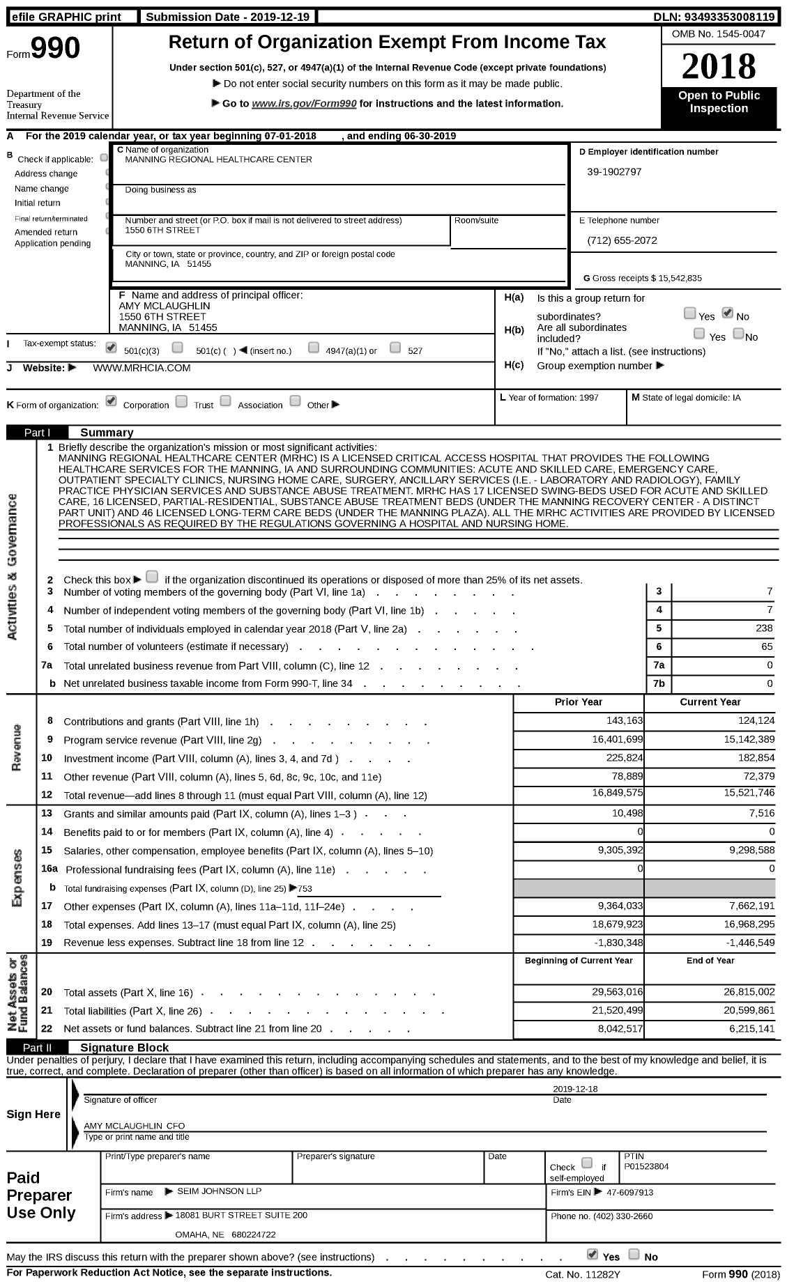 Image of first page of 2018 Form 990 for Manning Regional Healthcare Center (MRHC)