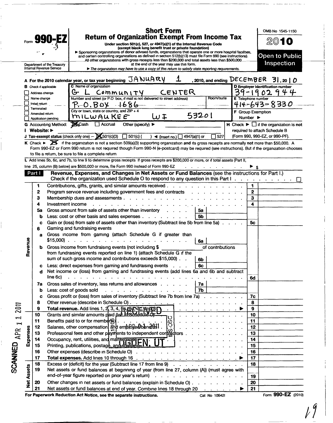 Image of first page of 2010 Form 990EZ for G L Community Fund