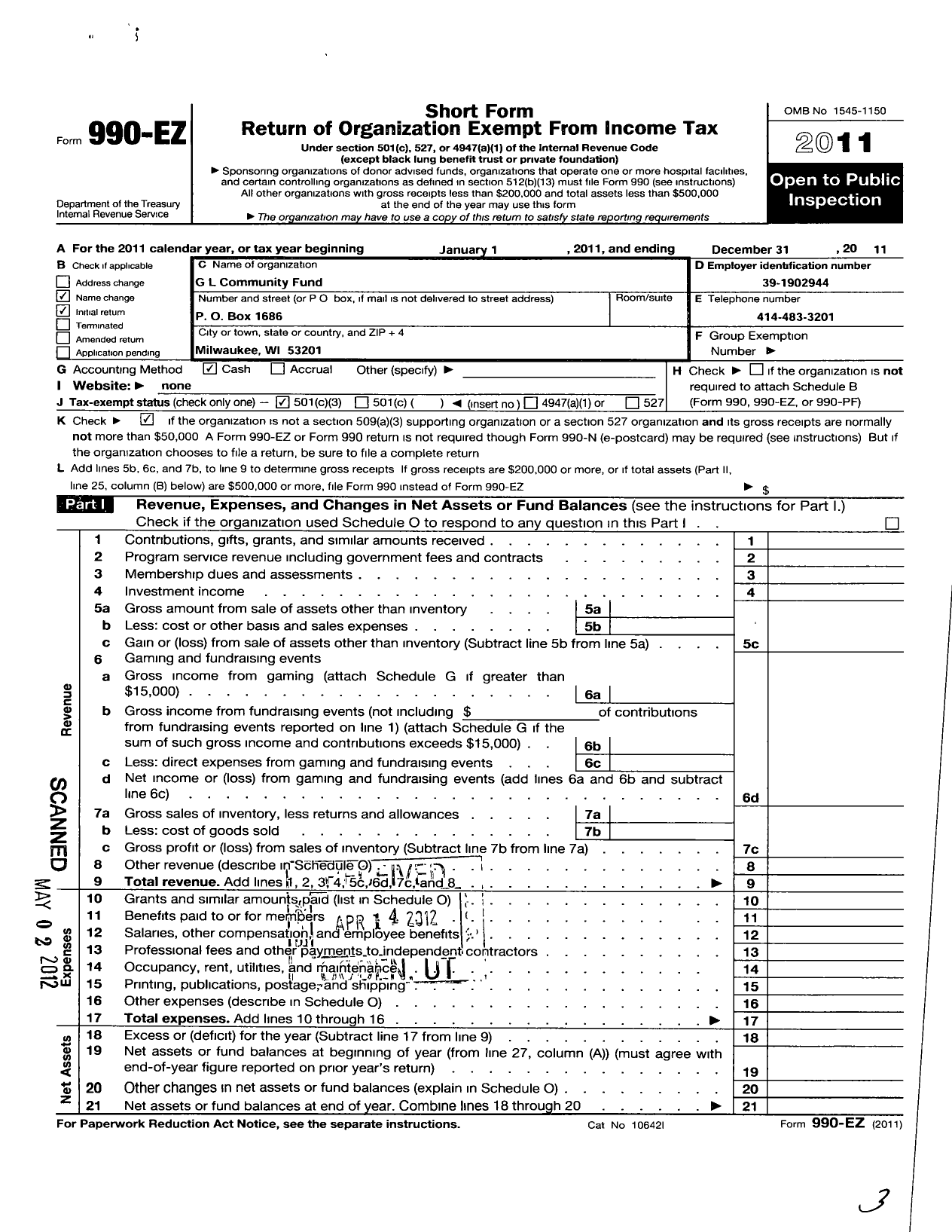 Image of first page of 2011 Form 990EZ for G L Community Fund